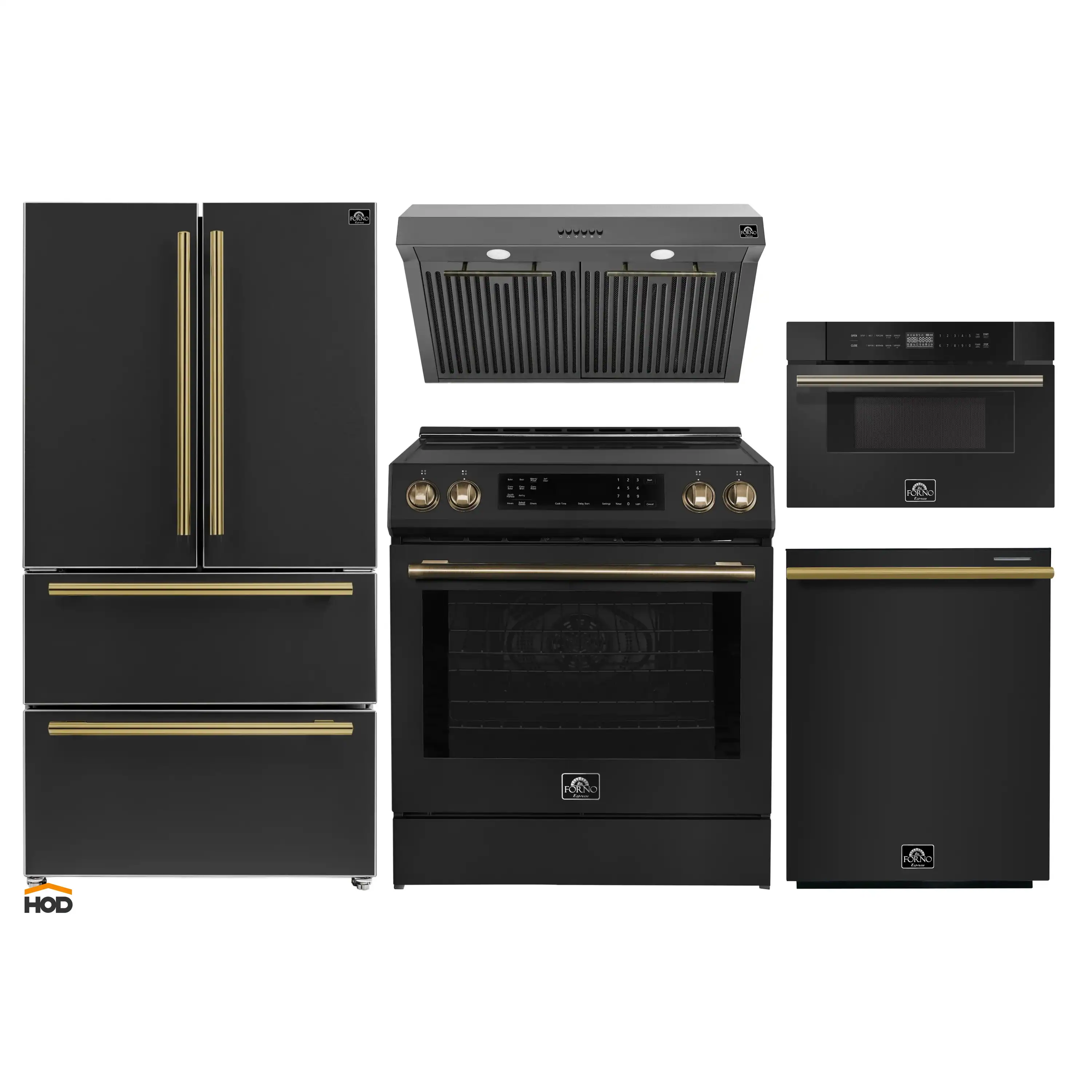 Forno 5-Piece Appliance Package - 30-Inch Induction Range, Under Cabinet Range Hood, French Door Refrigerator, Dishwasher, and 30-Inch Microwave Drawer in Black with Antique Brass Trim