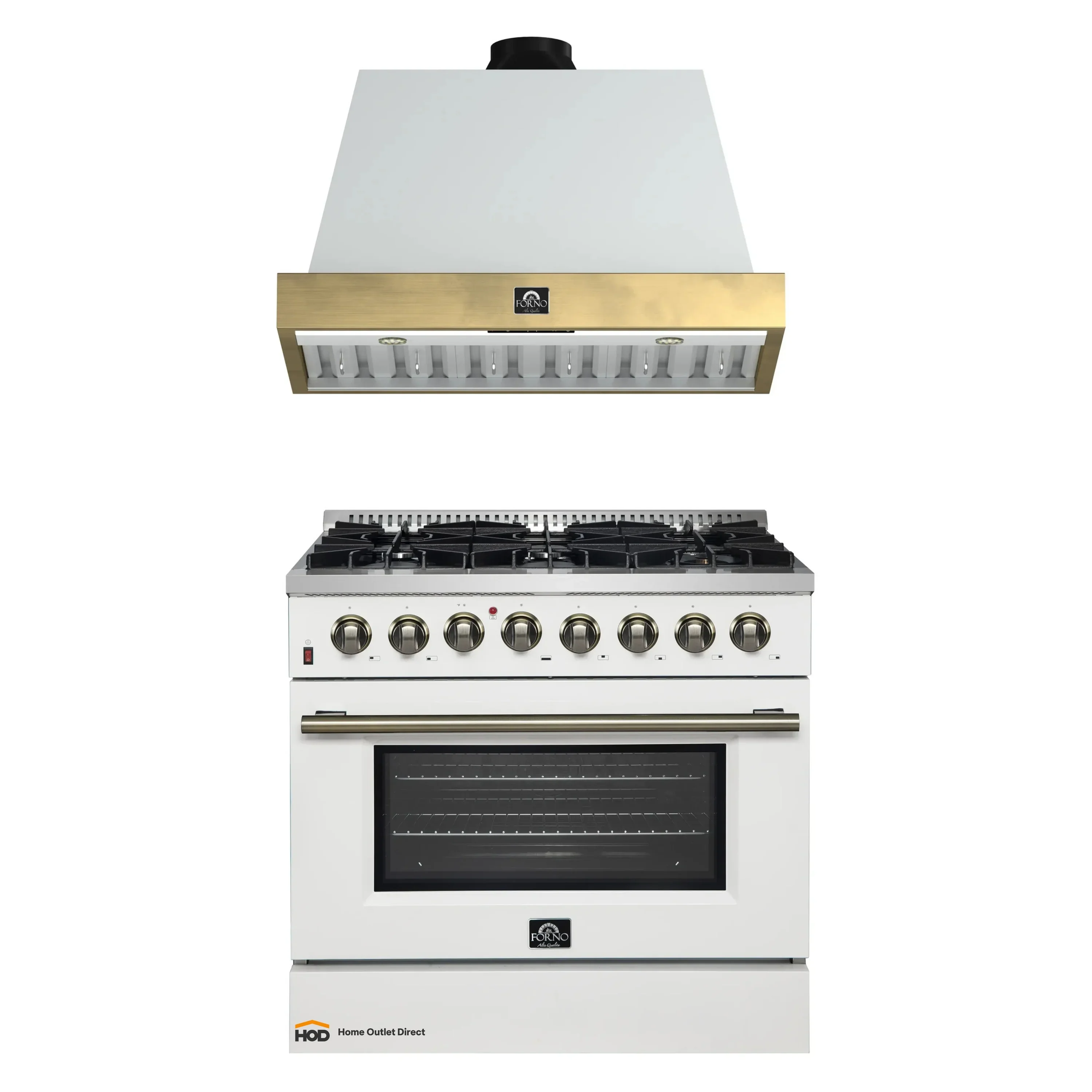 Forno Galiano 2-Piece Appliance Package - 36-Inch Dual Fuel Range & 36-Inch Wall Mount Range Hood in White with Antique Brass Trim