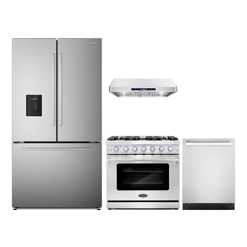 Cosmo 4-Piece Appliance Package - 36-Inch Gas Range, Under Cabinet Range Hood, Dishwasher and Refrigerator with Water Dispenser in Stainless Steel (COS-4PKG-696)