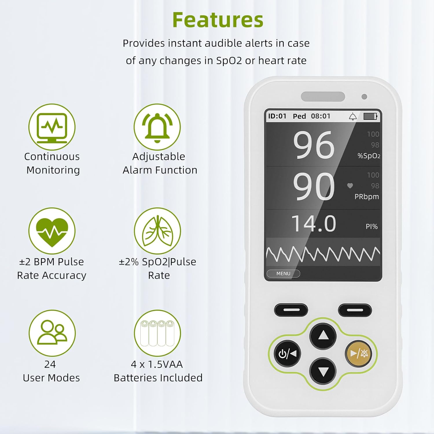 Handheld Pulse Oximeter for kids,Children's Finger Blood Oxygen Monitor with Continuous SpO2 Monitoring and Real-Time Alarm, Adjustable alarm threshold and volume