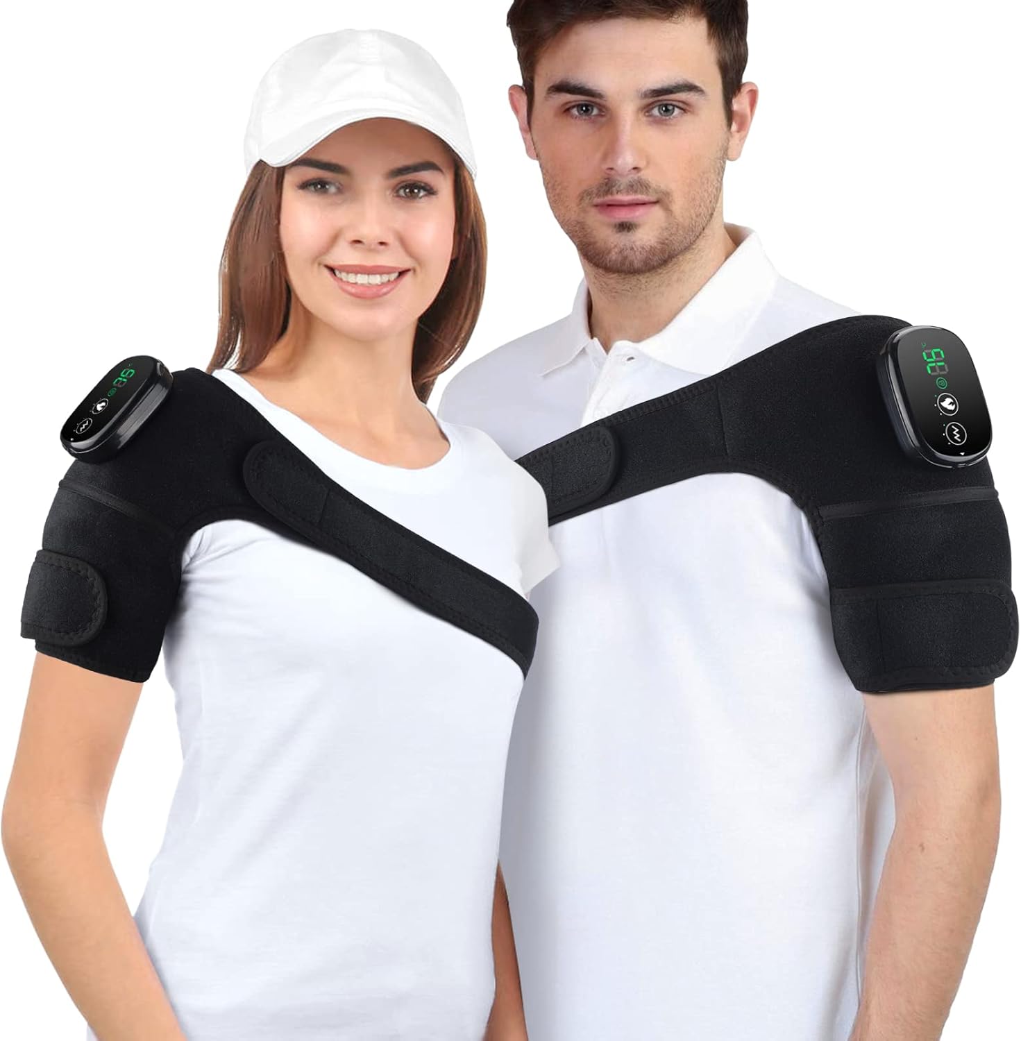 Knee Massager with Heat and Vibration, Cordless Knee Heating Pad Shoulder Brace, Heated Knee Elbow Shoulder Brace Wrap for Arthritis (Pack of 2 Black)