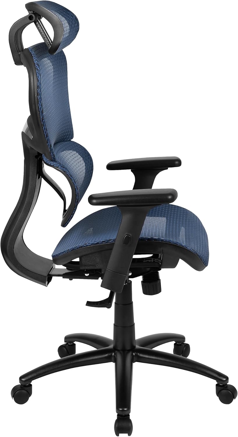 Flash Furniture LO Ergonomic Mesh Office Chair with 2-to-1 Synchro-Tilt, Adjustable Headrest, Lumbar Support, and Adjustable Pivot Arms in Blue