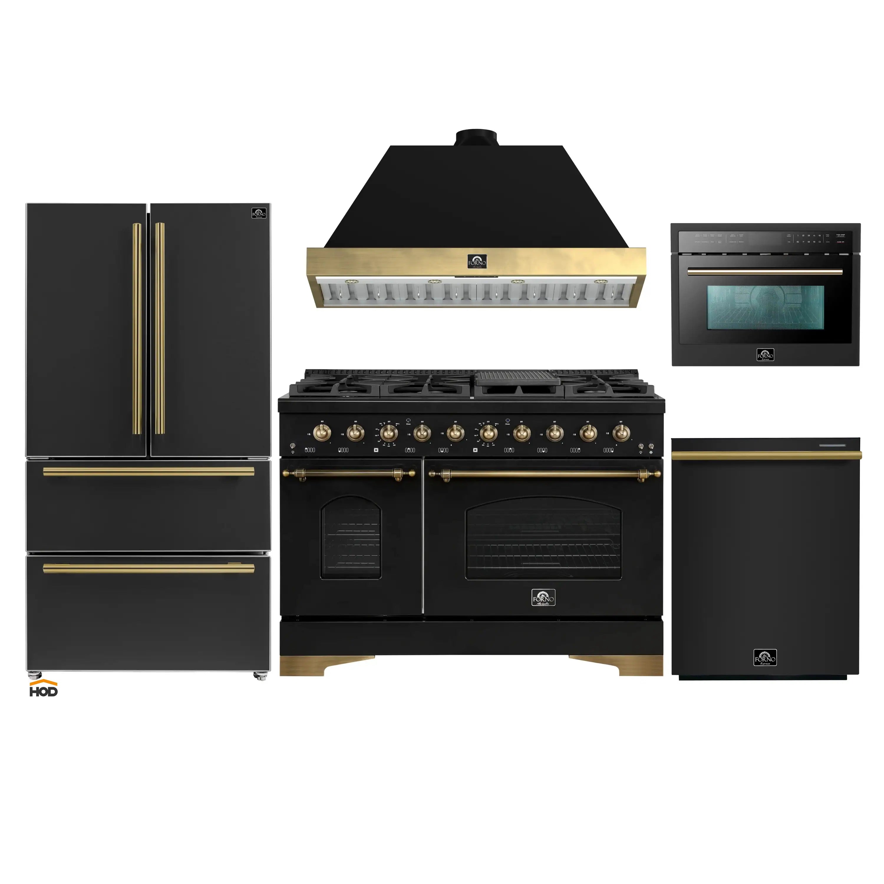 Forno Antico 5-Piece Appliance Package - 48-Inch Dual Fuel Range, 48-Inch Hood, 36-Inch Refrigerator, 24-Inch Dishwasher, & 24-Inch Microwave Oven in Black with Antique Brass Trim