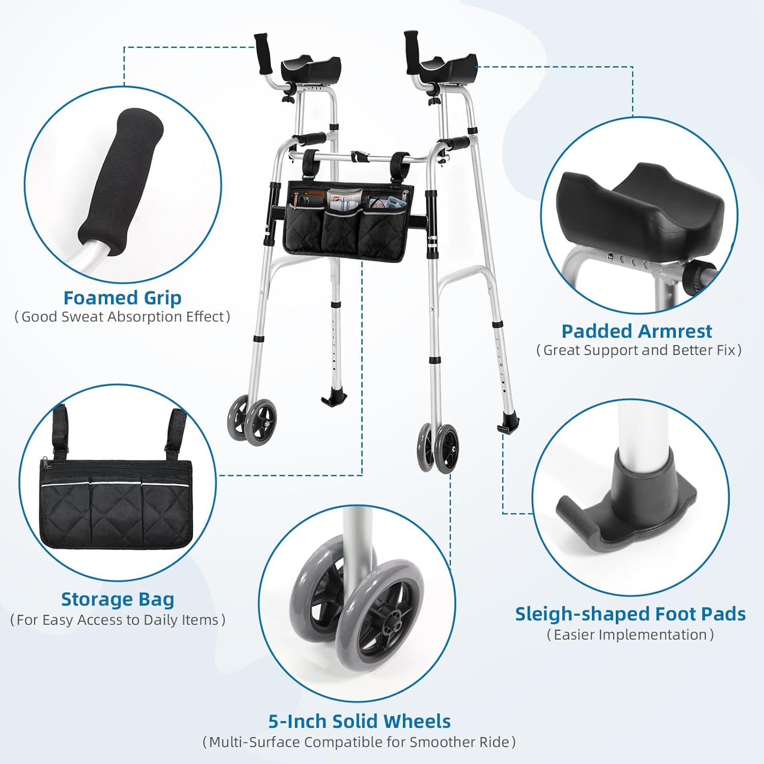 Dual-Wheel Stand Up Walker with Ball Bearing Wheels & Armrest Pad - Aluminum Standard Walker for Seniors, Height Adjustable Platform Walker with Arm Support, Foldable Design with Storage Bag, Silver