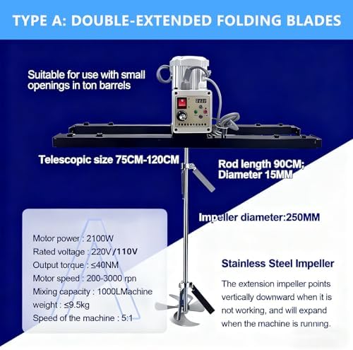 2100W Electric Paint Mixer, High Speed Tank Mixer 200-3000 RPM, 1 Ton Capacity for 1000L, Adjustable Teles Reach 75-120cm, Ideal for Professional Use