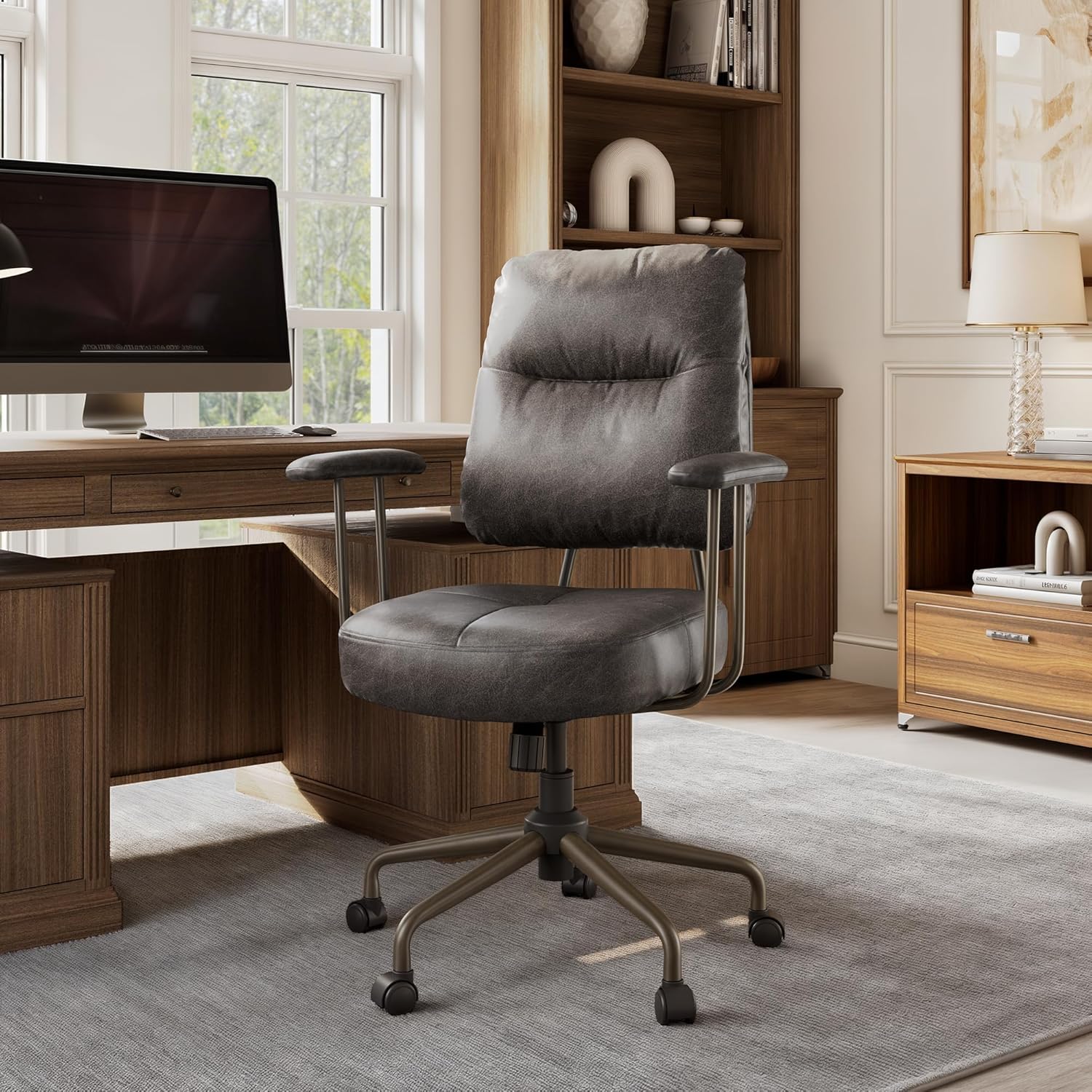 EUREKA ERGONOMIC Becky Mid Century Modern Office Desk Chairs Leather, Comfy Office Chair with Lumbar Support and Arms, Mid Back, Comfortable Thick Cushion, Height Adjustable, 360°Swivel, Cement Grey