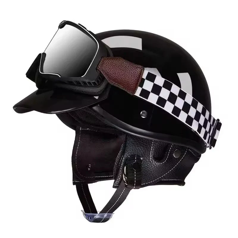 Retro Motorcycle Helmet with Goggles and Leather Detailing