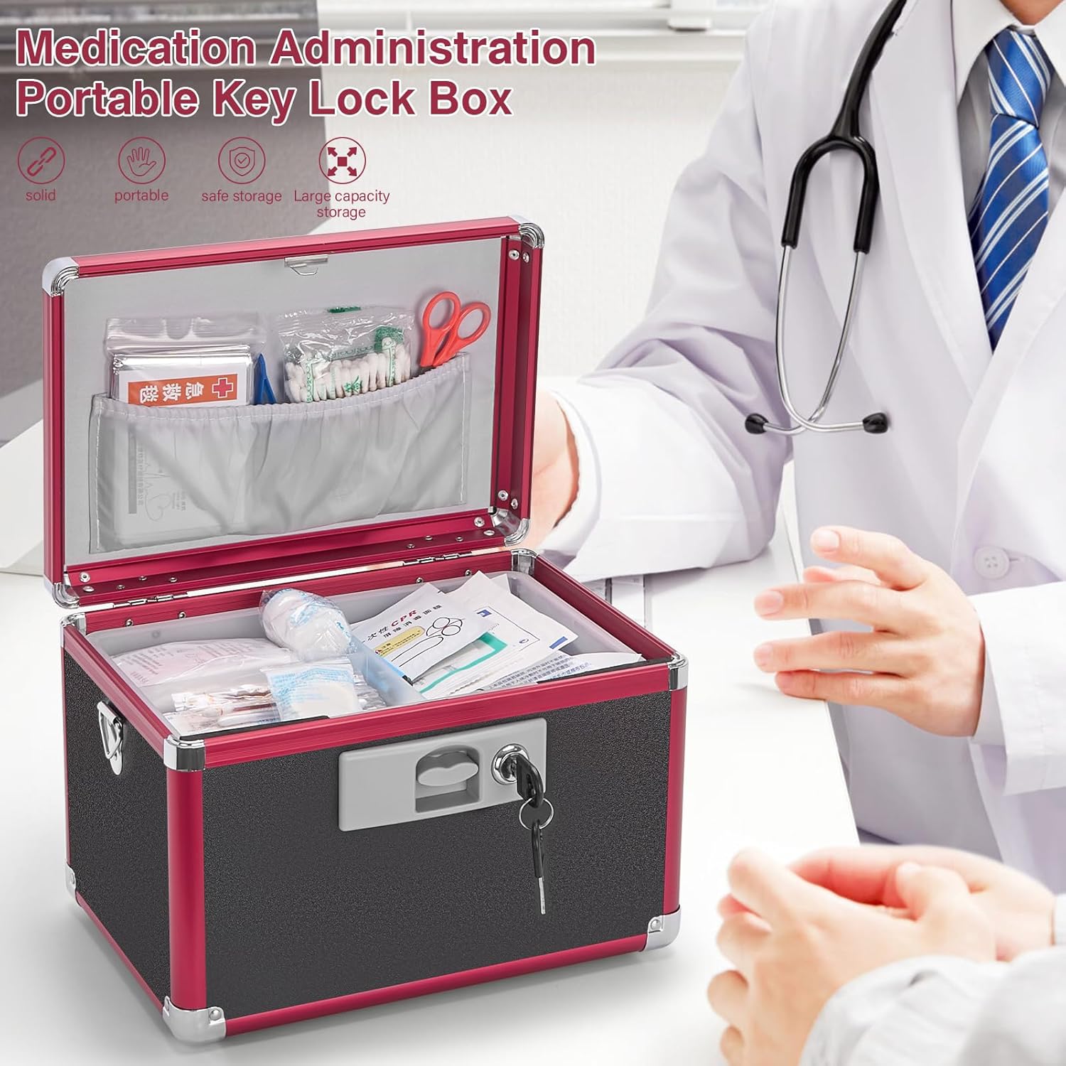 Secure Medicine Lock Box with Key, Childproof Metal Medication Storage Organizer for Home & Travel, Layered Aluminum First Aid Box, Portable & Durable – 15