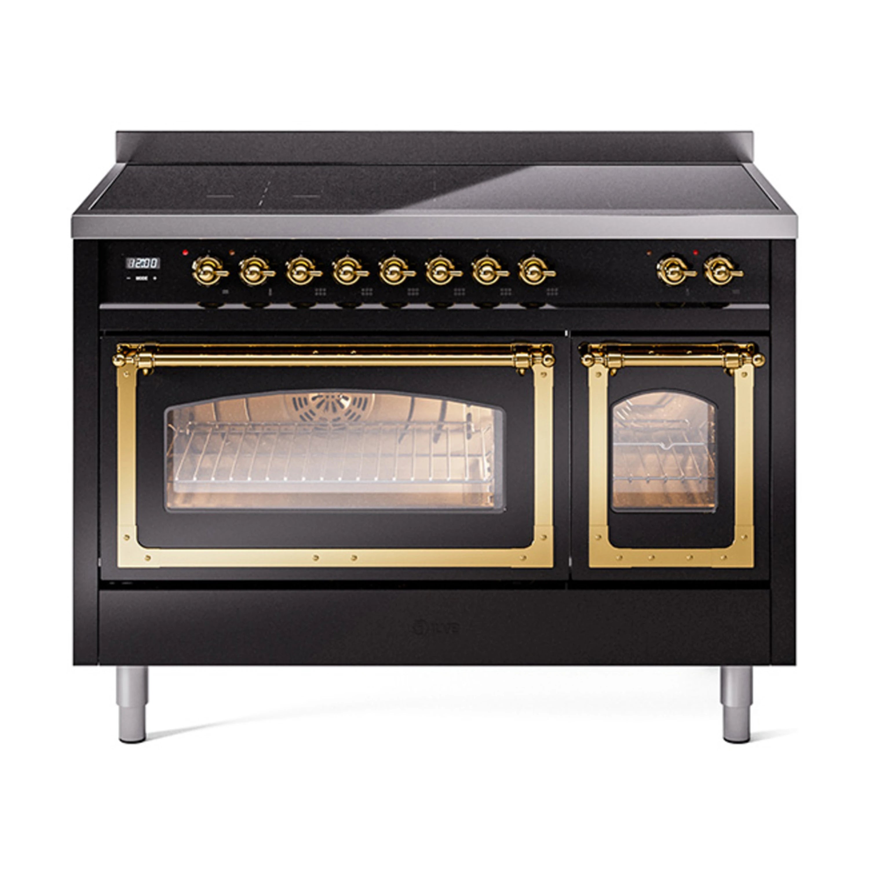 ILVE Nostalgie II Noblesse 48-Inch Induction Range with Triple Glass Door in Glossy Black with Brass Trim (UNI486NMPBKG)