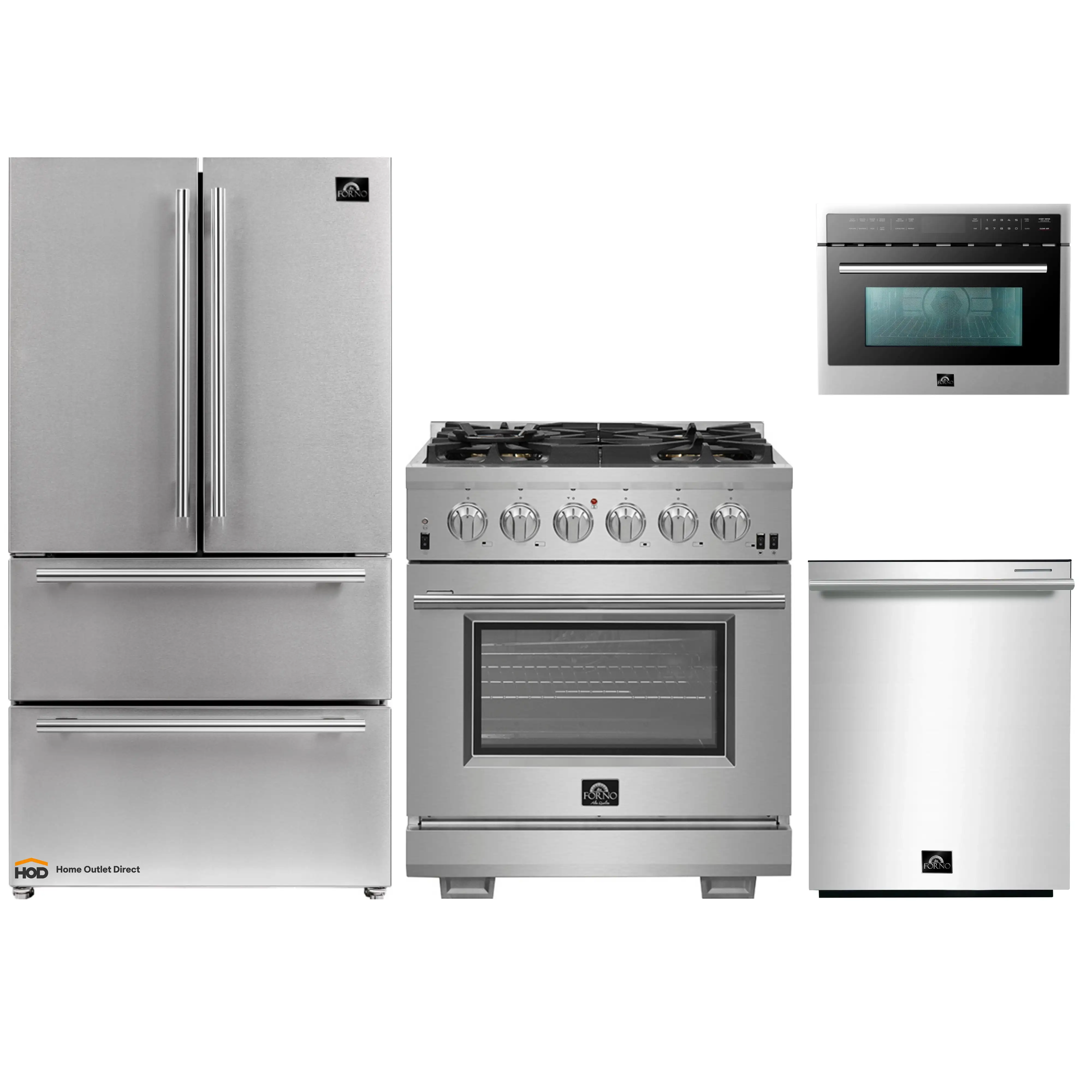 Forno 4-Piece Pro Appliance Package - 30-Inch Gas Range, Refrigerator, 24-Inch Microwave Oven, & 3-Rack Dishwasher in Stainless Steel