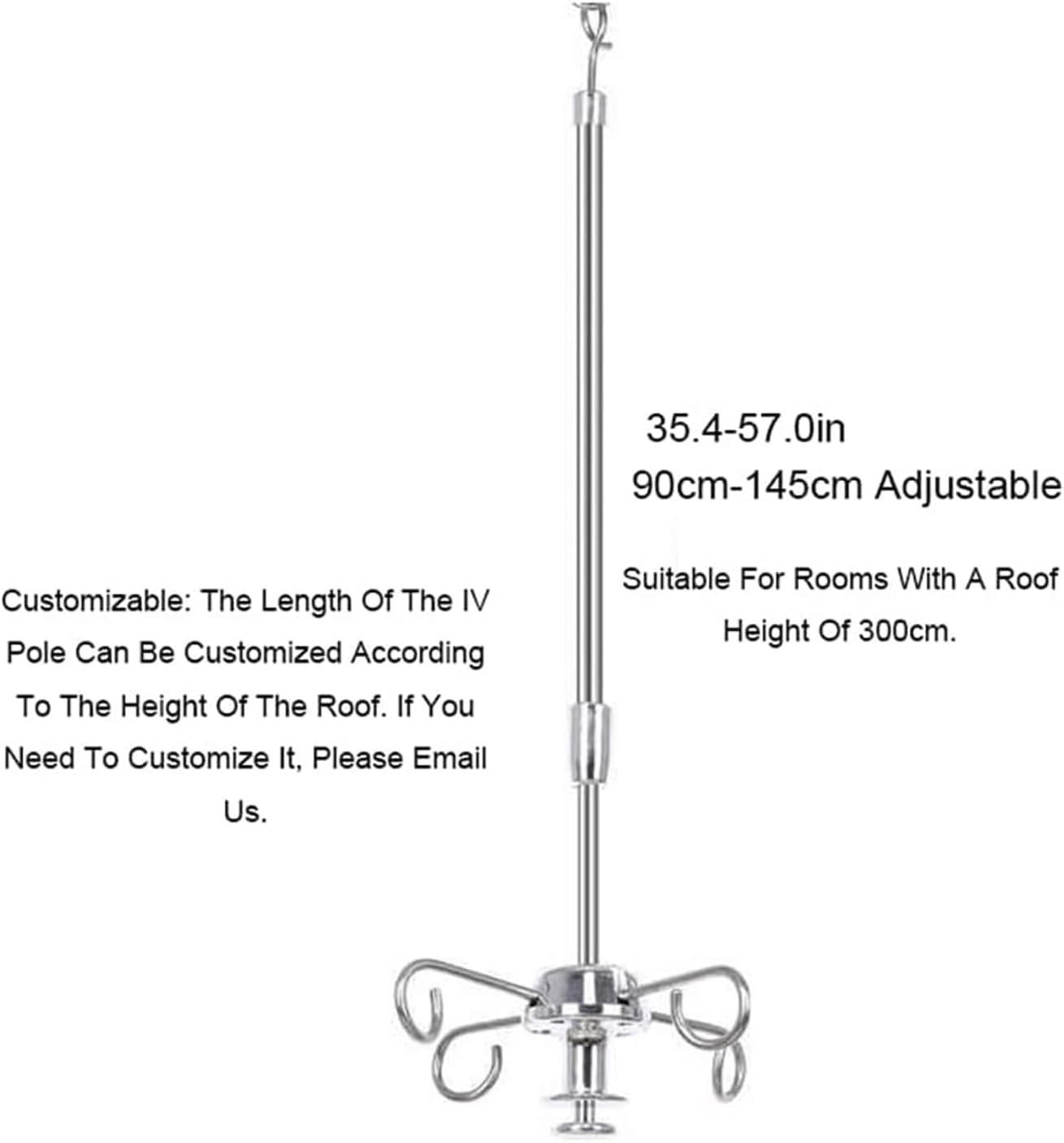 Durable Stainless Steel IV Pole with 4 Hooks & Pulley System - 1.5m Adjustable IV Stand for Hospital & Home Use, IV Bag Holder, Medical Equipment Support