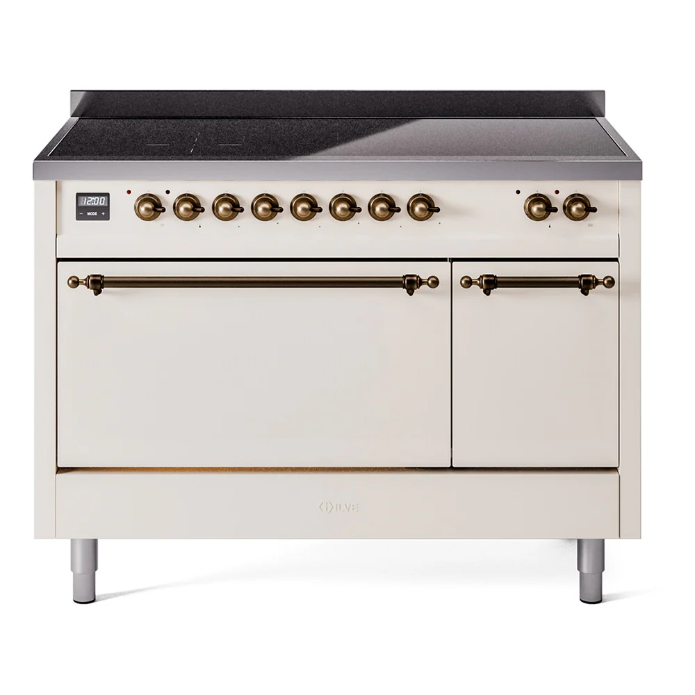 ILVE 48-Inch Nostalgie II Induction Range with Solid Door Oven in Antique White with Bronze Trim (UPI486QNMPAWB)