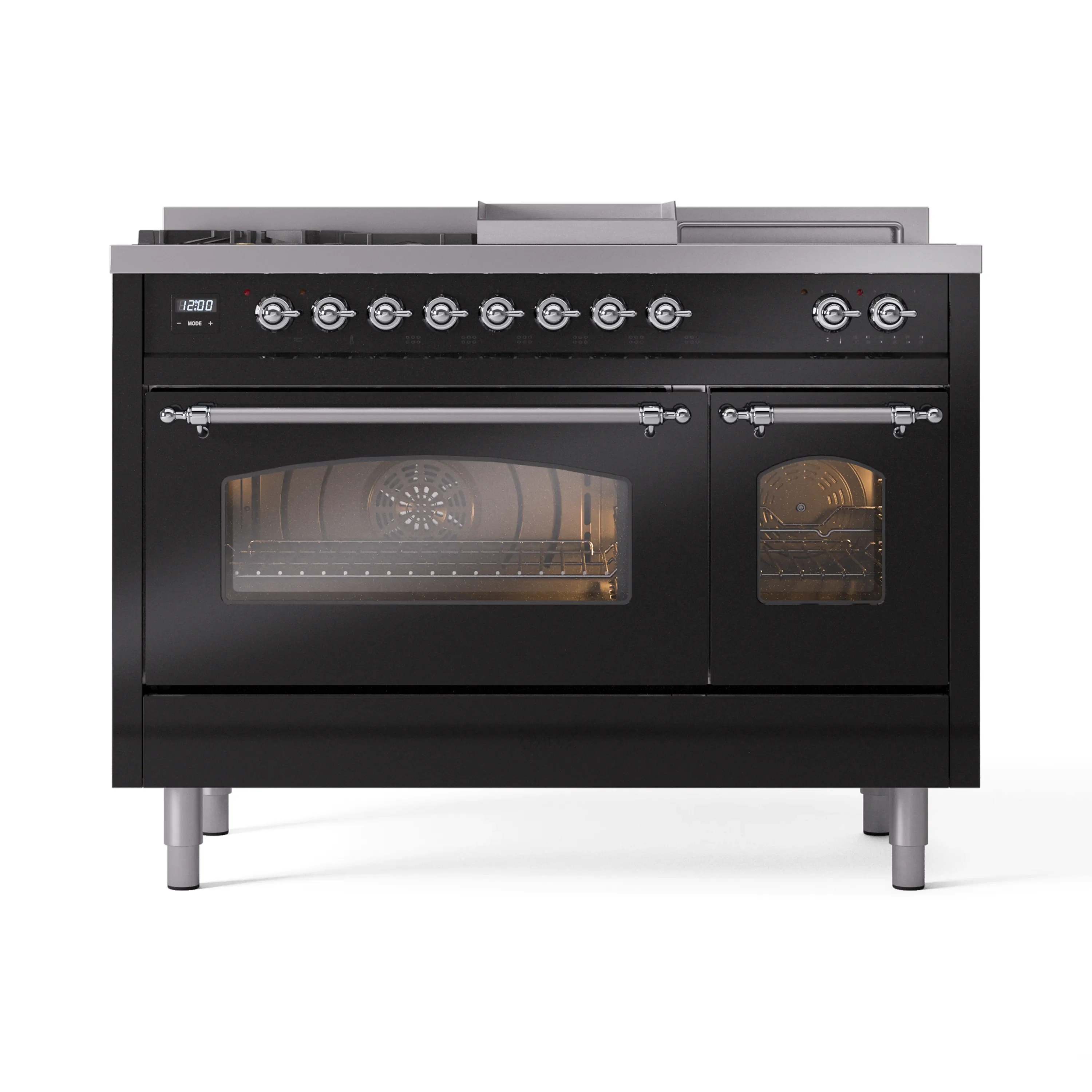 ILVE Nostalgie II 48-Inch Dual Fuel Range with 5 Burners, Griddle, & French Top with Triple Glass Door Oven in Glossy Black with Chrome Trim (UP48FSNMPBKC)