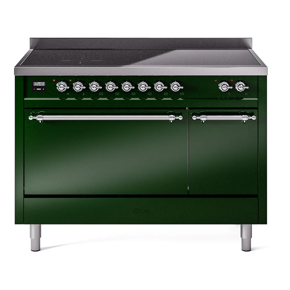ILVE 48-Inch Nostalgie II Induction Range with Solid Door Oven in Emerald Green with Chrome Trim (UPI486QNMPEGC)