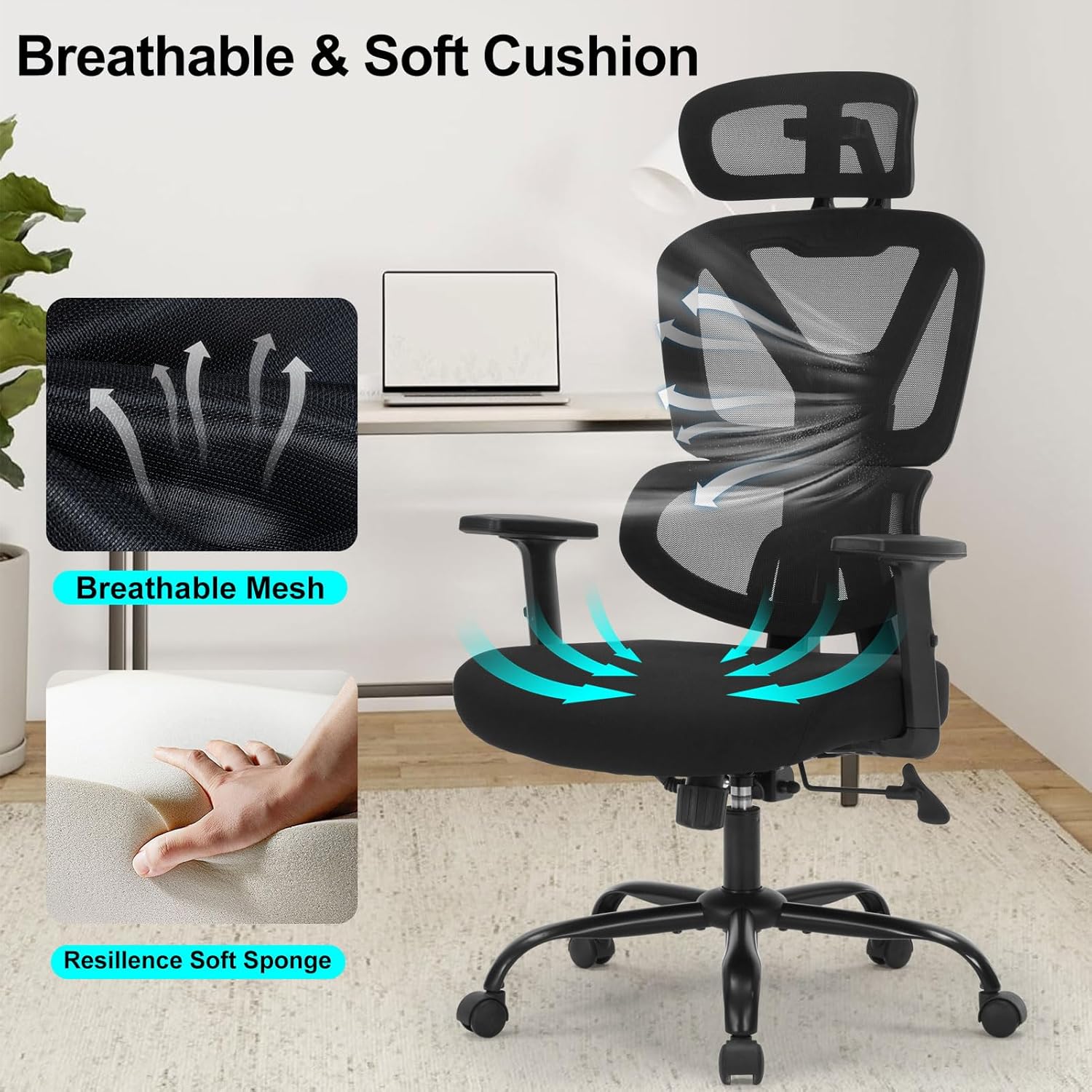 Ergonomic Office Chair, Ergonomic Desk Chair with Adjustable Height, Lumbar Support, High Back Mesh Home Computer Chair with Adjustable Armrests, Task Chairs for Home Office - 350lb Executive Chairs