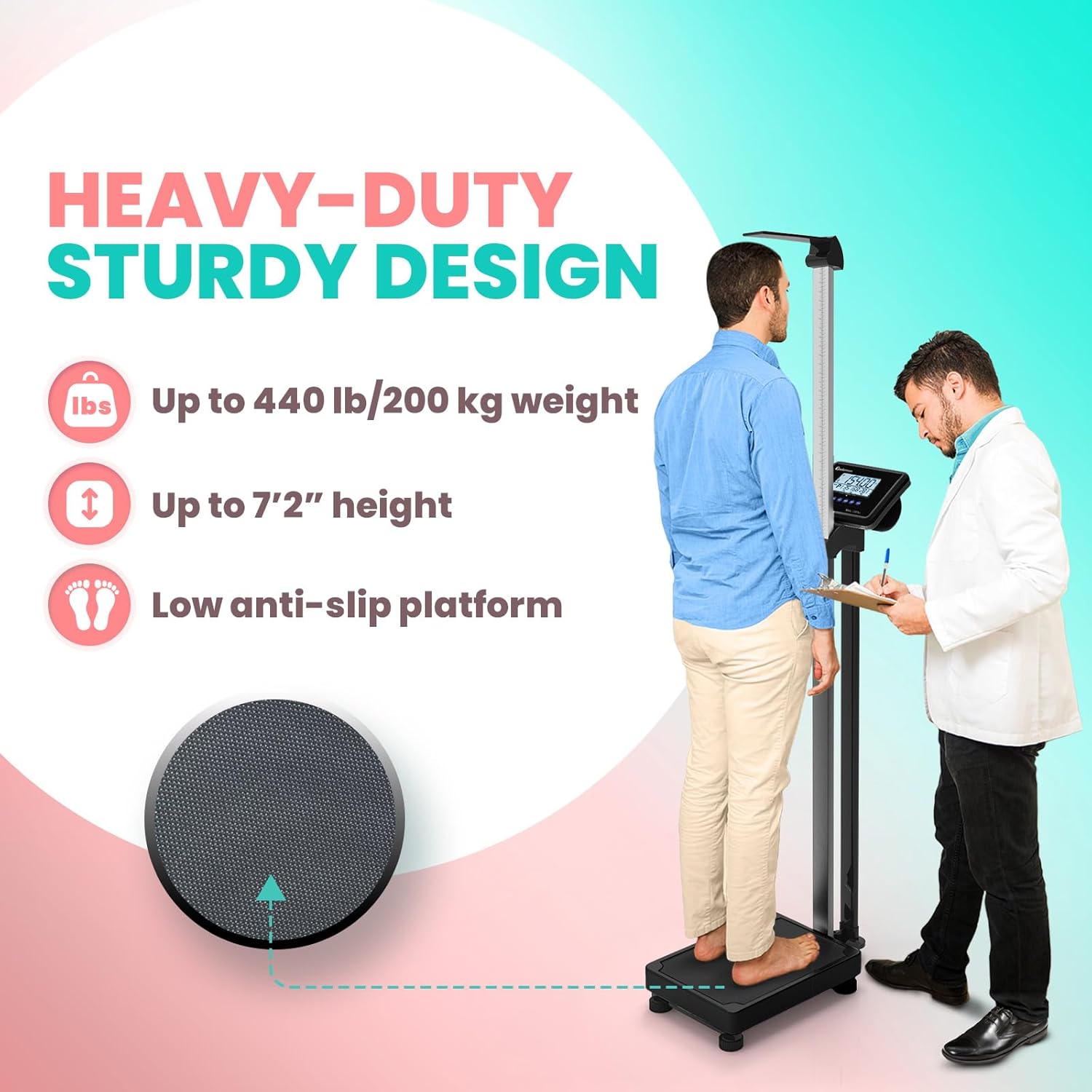 Adamson M1 Medical Scale, 440 lb/ 200 kg Capacity, BMI with Weight and Height, Professional Digital Scale for Body Weight, Home, Hospital, & Physicians, Heavy Duty - Black