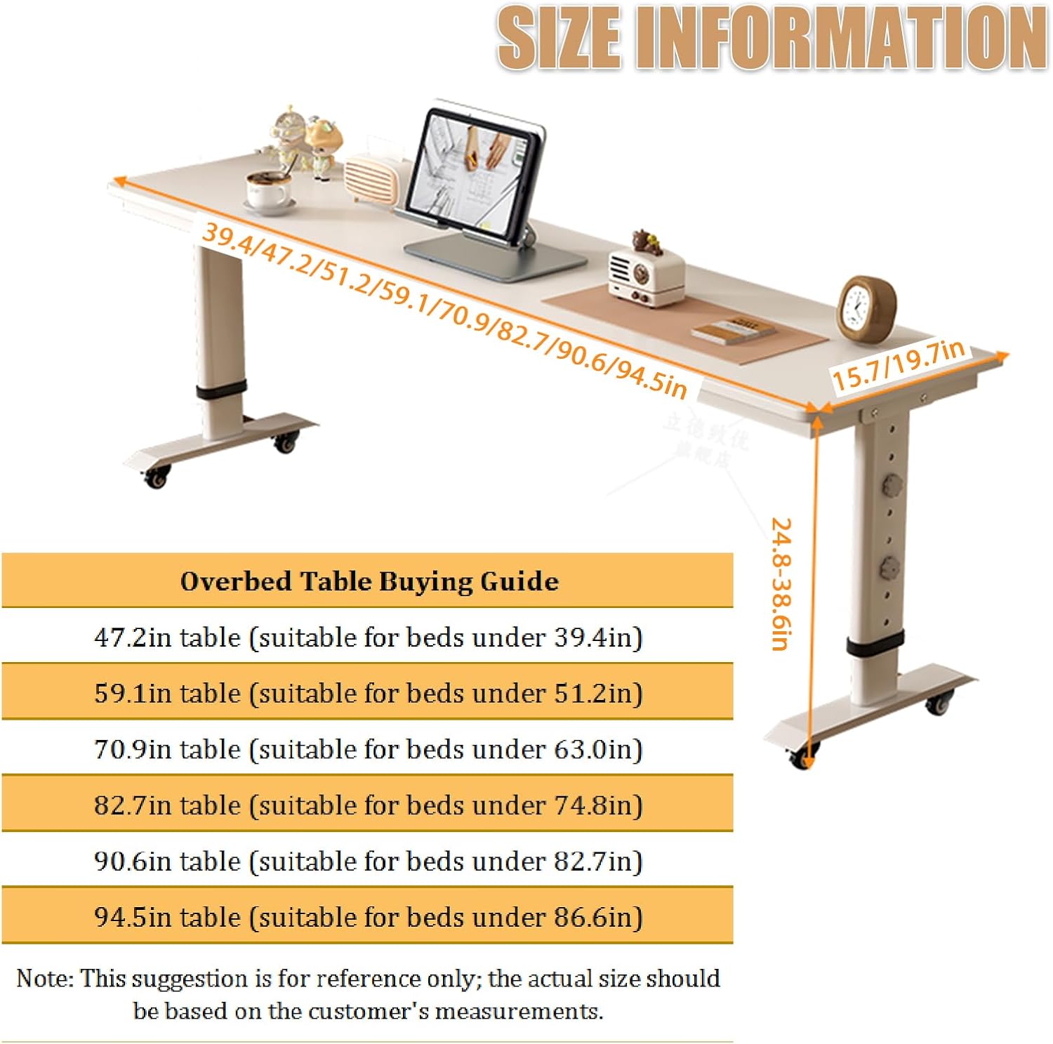 Adjustable Overbed Table with Wheels, Rolling Desk for Bedside Use, Height Adjustable Laptop Table for Recliner, Over Bed Desk Fits King Size