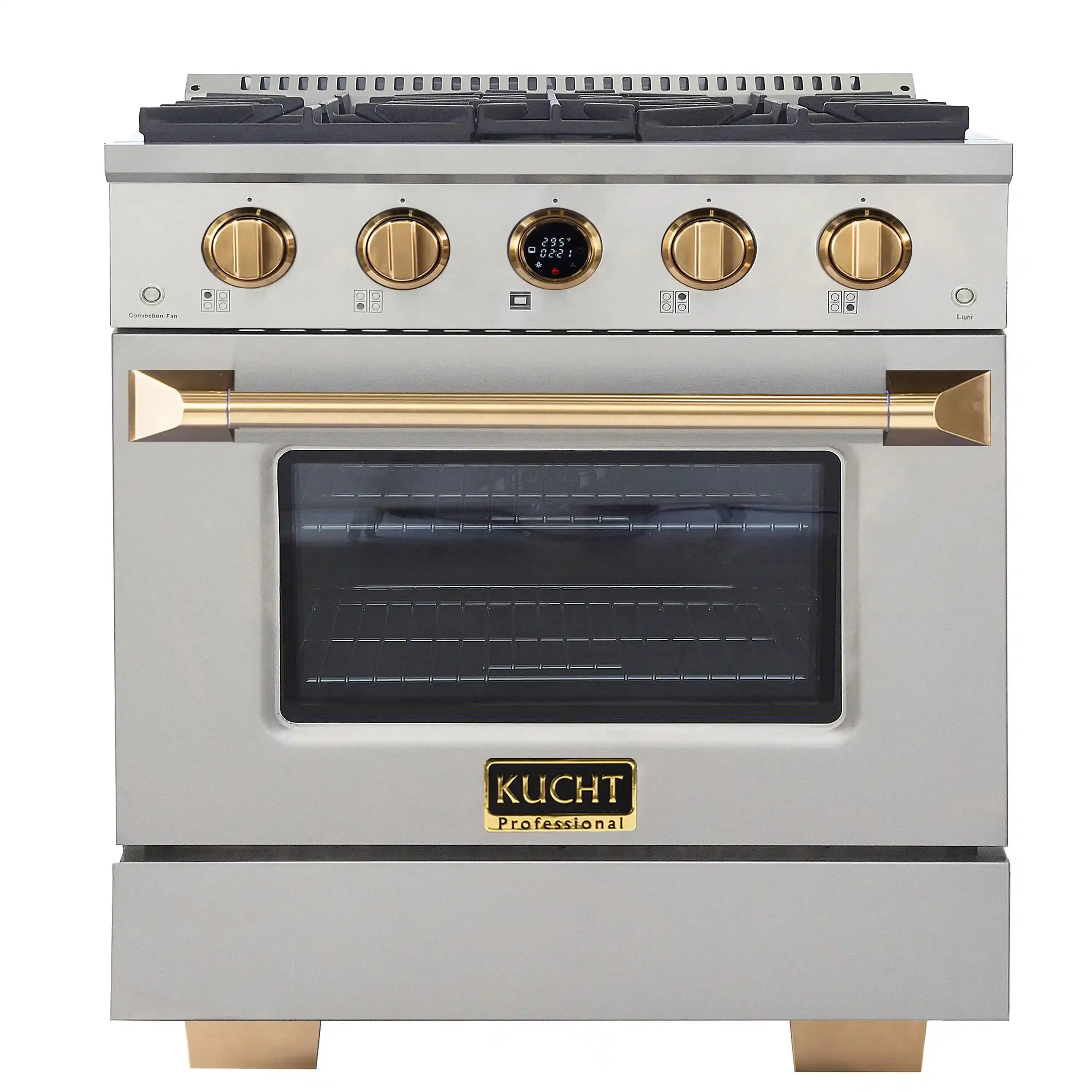 Kucht Horus 30-Inch Dual Fuel Range in Propane Gas with  4.2 cu. ft. Electric Oven & 4 Gas Burners in Stainless Steel with Gold Accents & Digital Thermostat (KXP30-GL/LP)