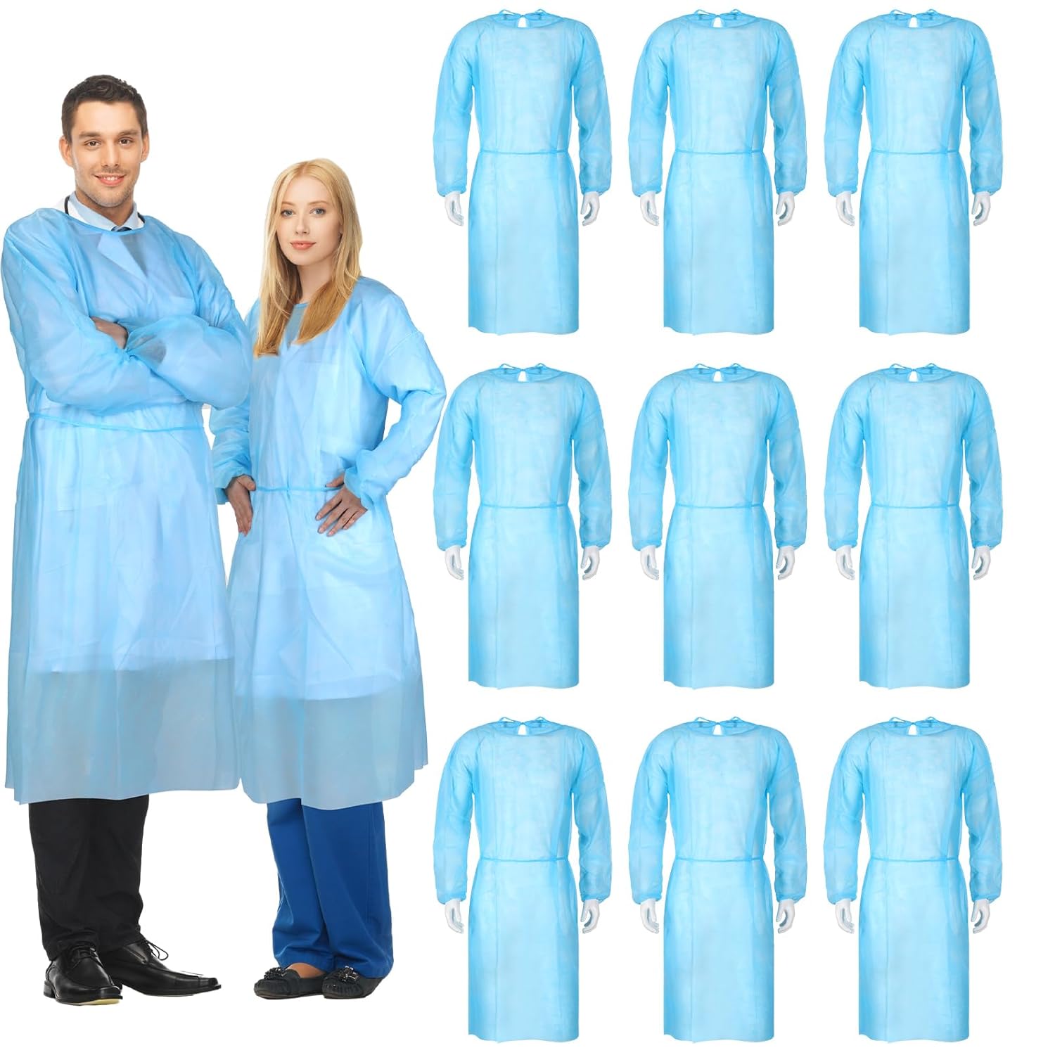 Xuhal 300 Pack Disposable Isolation Gowns PPE Gowns Disposable Bulk Fully Closed Double Tie Back Elastic Cuffs for Home Isolation, Labs, Dental, Beauty Agencies, Tattoo Practices, Unisex (Blue)