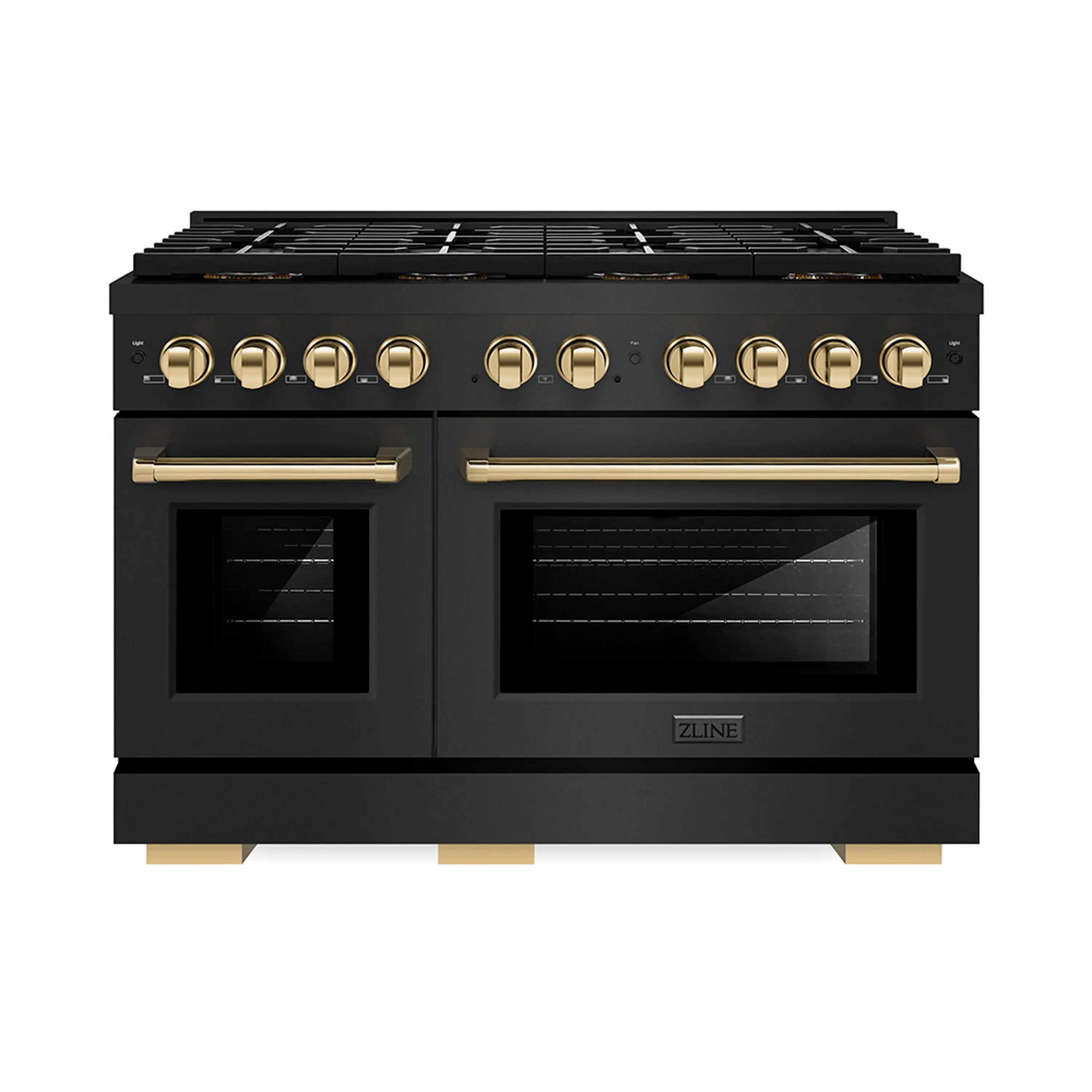 ZLINE Autograph Edition 48-Inch 6.7 cu. ft. Paramount Gas Range with 8 Burner DuoPro鈩?Cooktop and Dual Ovens in Black Stainless Steel and Polished Gold Accents (PSGRBZ-48-G)