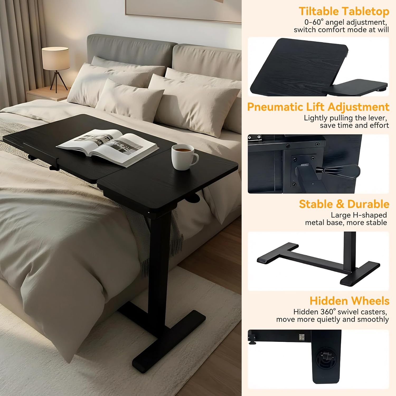 Overbed Bedside Table Adjustable with Wheels, Mobile Standing Stand Up Rolling Laptop PC Desks with Tilting Top Height Tray Side Computer Workstation for Bedroom on Hospital Home Use, Black
