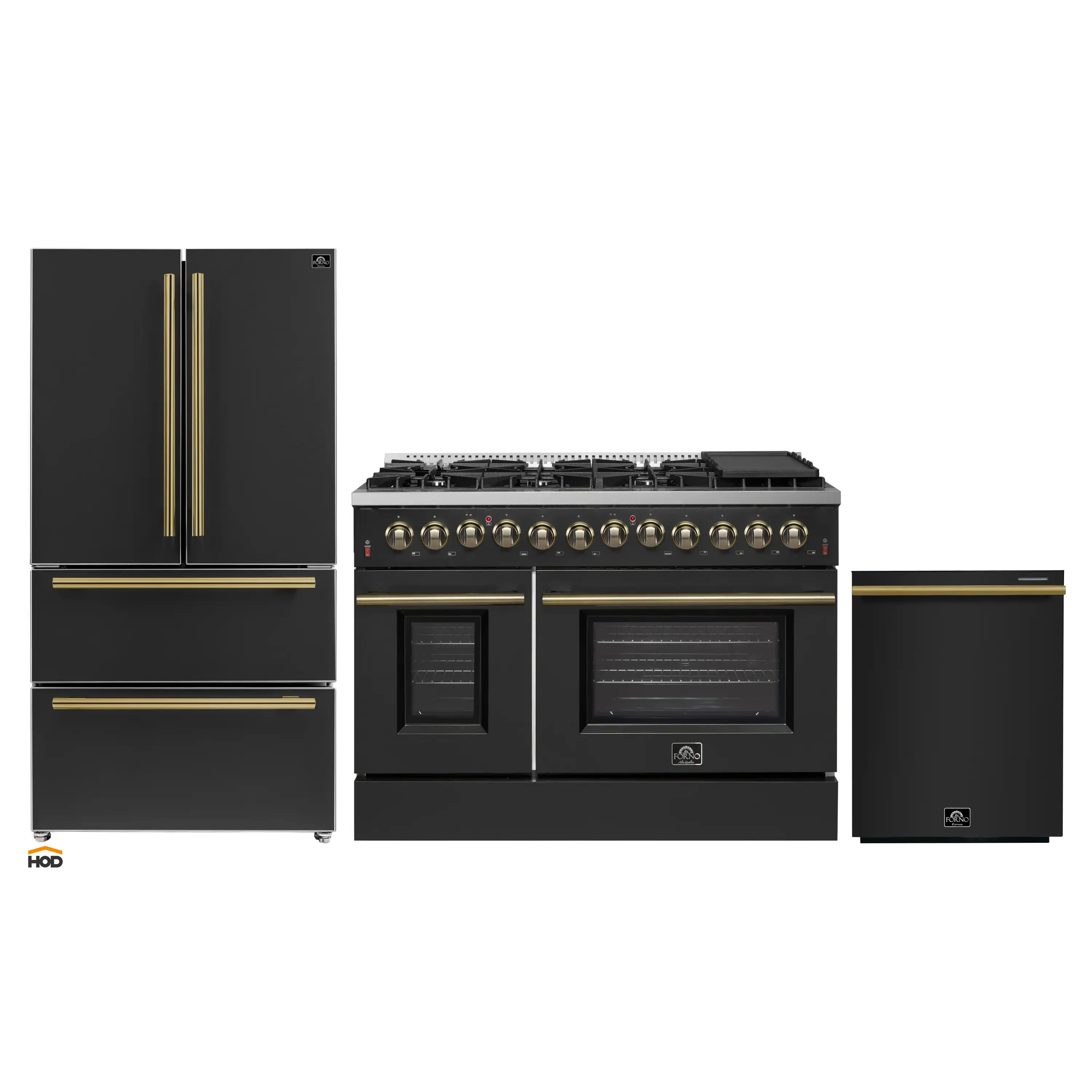 Forno Galiano 3-Piece Appliance Package - 48-Inch Dual Fuel Range, 36-Inch Refrigerator, & 24-Inch Dishwasher in Black with Antique Brass Trim