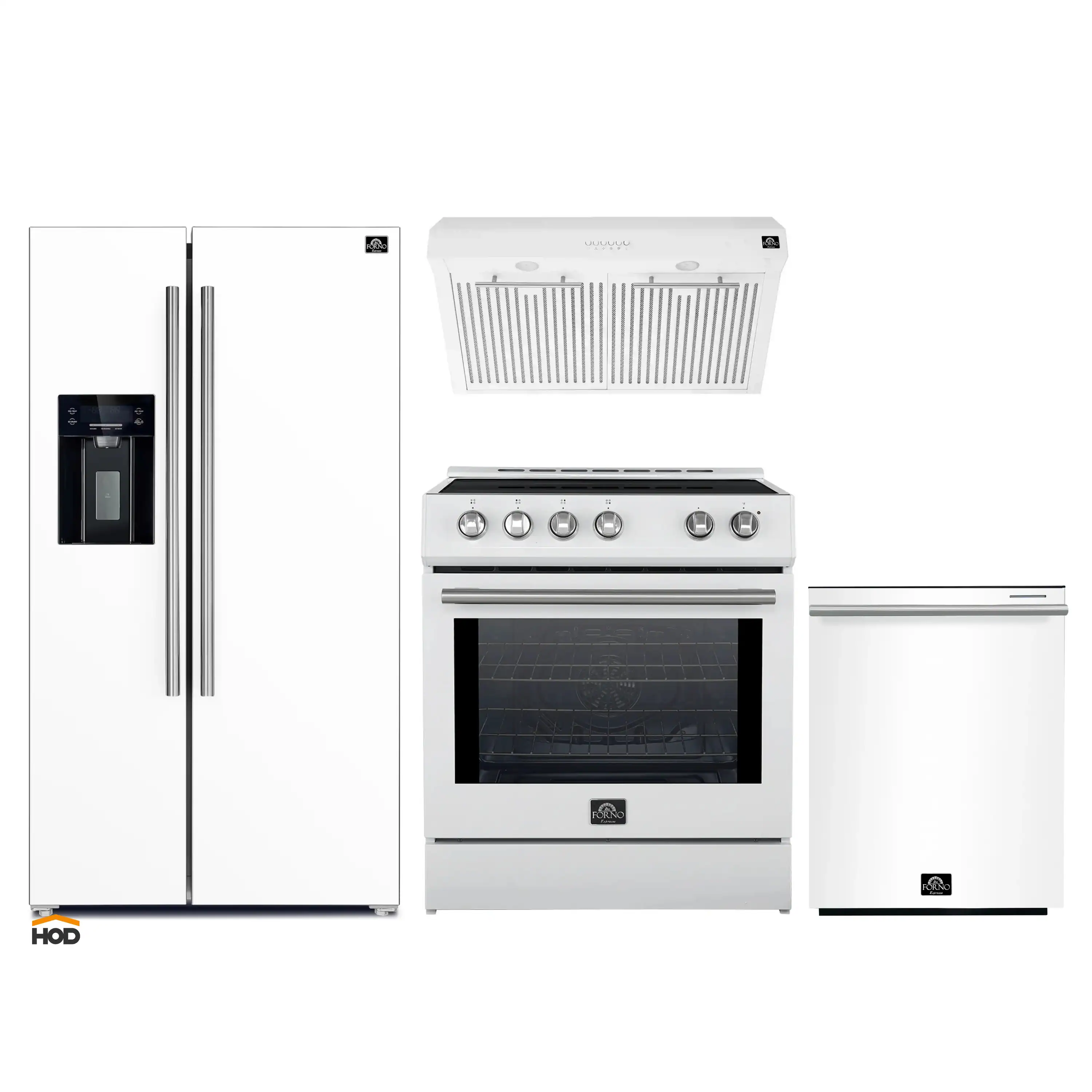 Forno 4-Piece Appliance Package - 30-Inch Induction Range, Under Cabinet Range Hood, French Door Refrigerator with Water Dispenser, and Dishwasher in White with Stainless Steel Trim