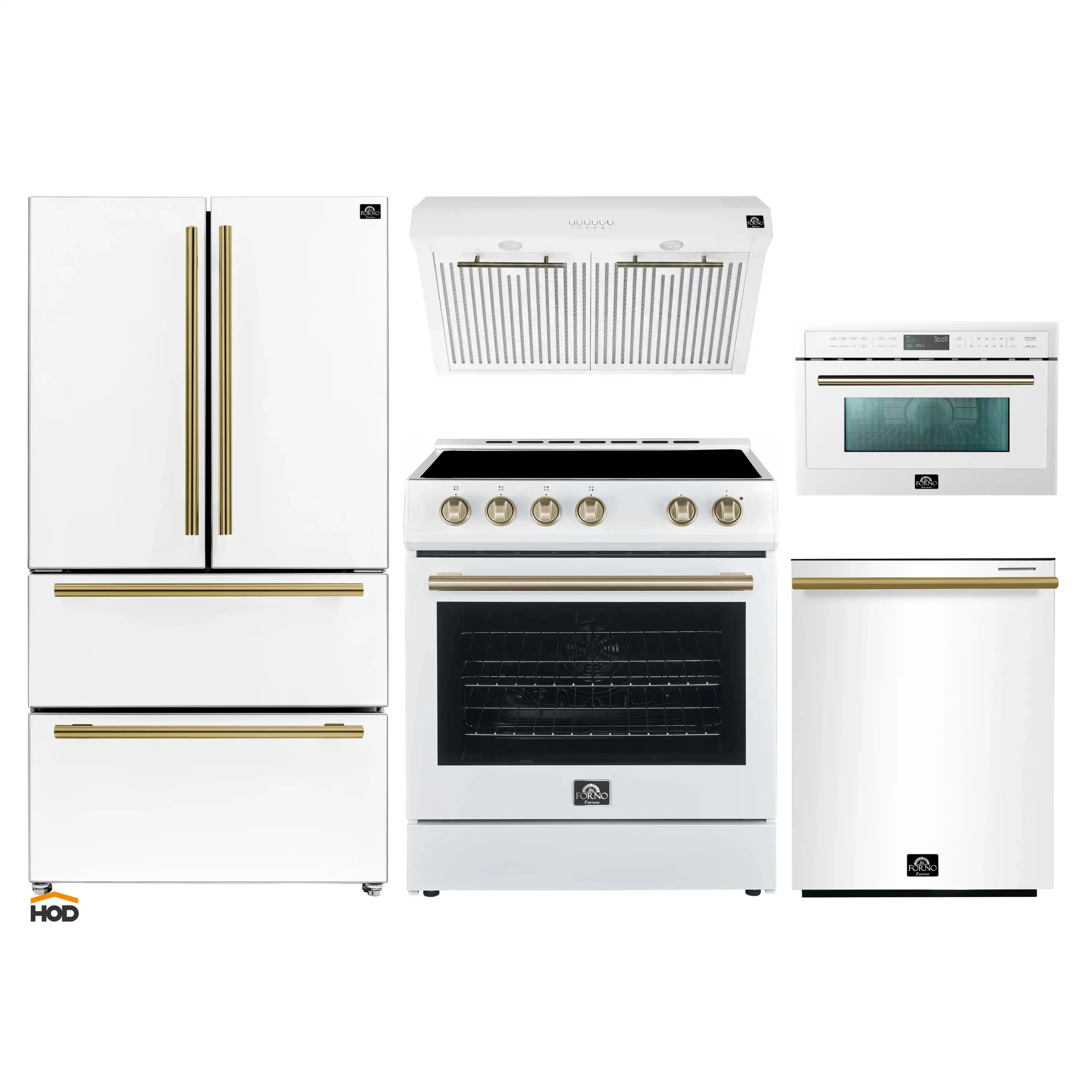 Forno 5-Piece Appliance Package - 30-Inch Electric Range, Under Cabinet Range Hood, Refrigerator, Dishwasher, and 30-Inch Microwave Oven in White with Antique Brass Trim