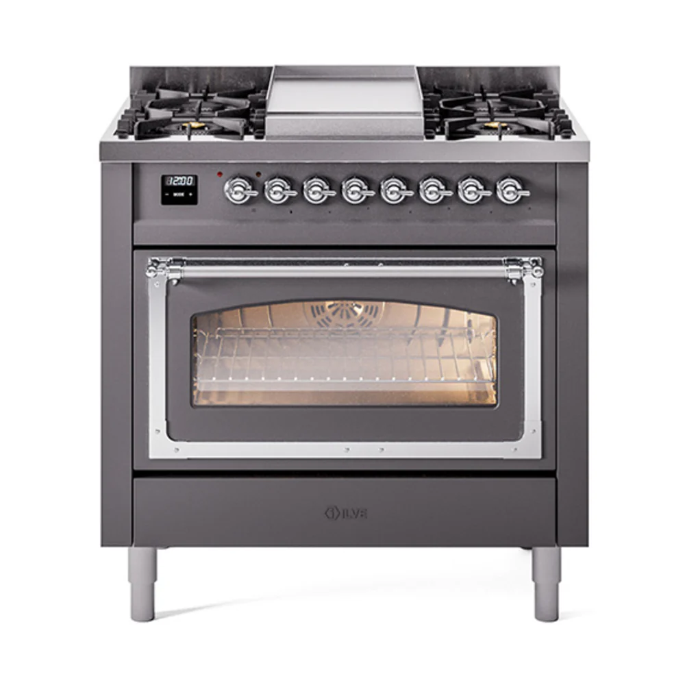 ILVE Nostalgie II Noblesse 36-Inch Dual Fuel Range and Triple Glass Door in Matte Graphite with Chrome Trim (UN36FNMPMGC)