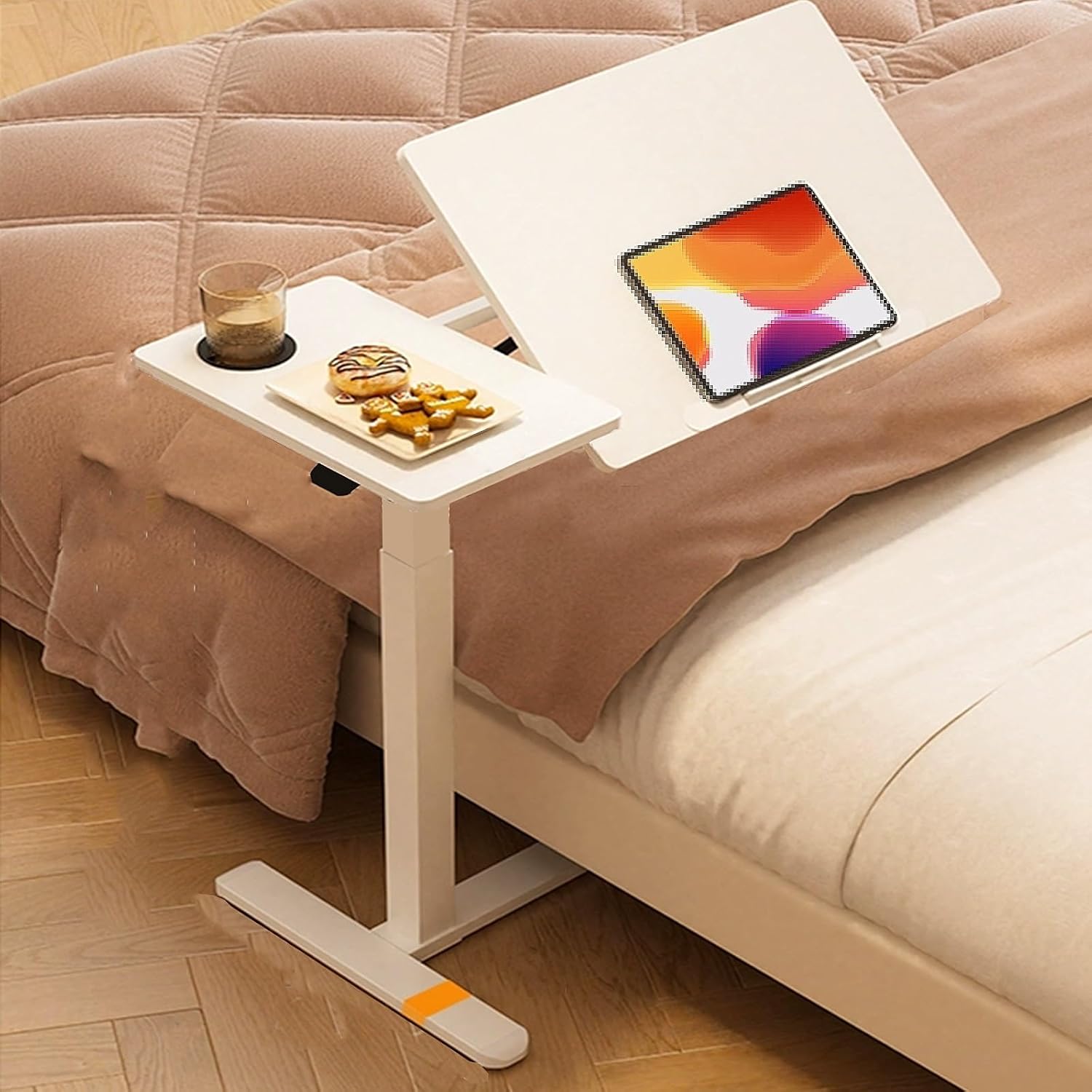 Over The Bed Table with Wheels Foldable, Mobile Laptop Over Bed Desk Computer Desk, with Adjustable Tilt Board, Height Adjustable, for Home, Hospital(White)