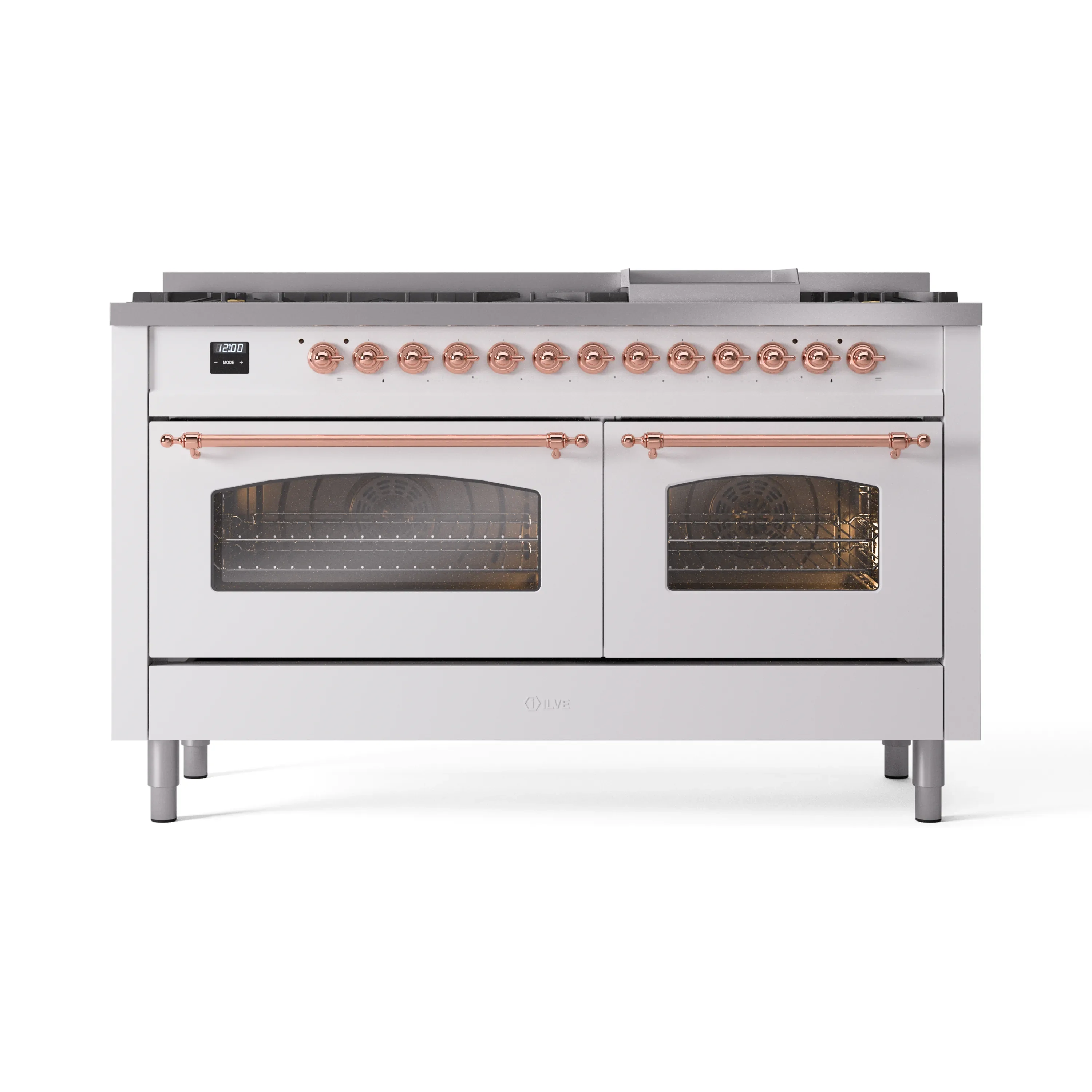 ILVE 60-Inch Nostalgie II Dual Fuel Range with 9 Burners, Griddle and Triple Glass Door Oven in White with Copper Trim (UP60FNMPWHP)