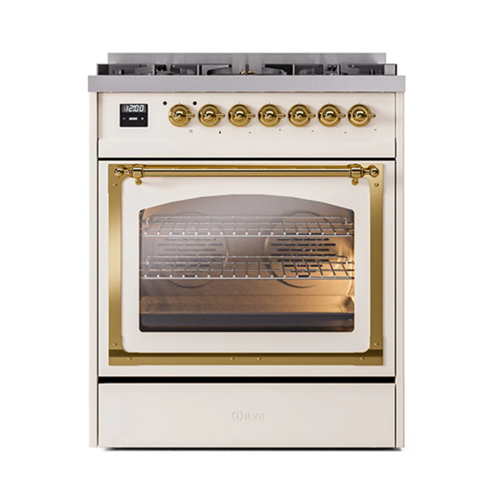 ILVE Nostalgie II Noblesse 30-Inch Dual Fuel Range with Triple Glass Door in Antique White with Brass Trim (UN30NMPAWG)