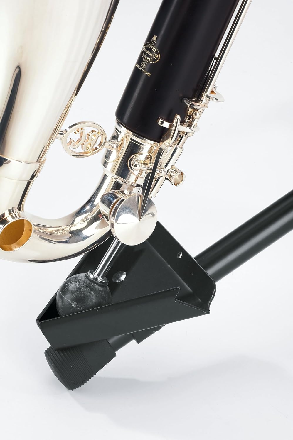 K&M König & Meyer Bass Clarinet Stand 15060.011.55 Pre-Assembled Stable Secure Stand | Adjustable Support Arms w/Tilt & Width | Endpin V Base Holder | Folds Compact For Travel | German Made | Black