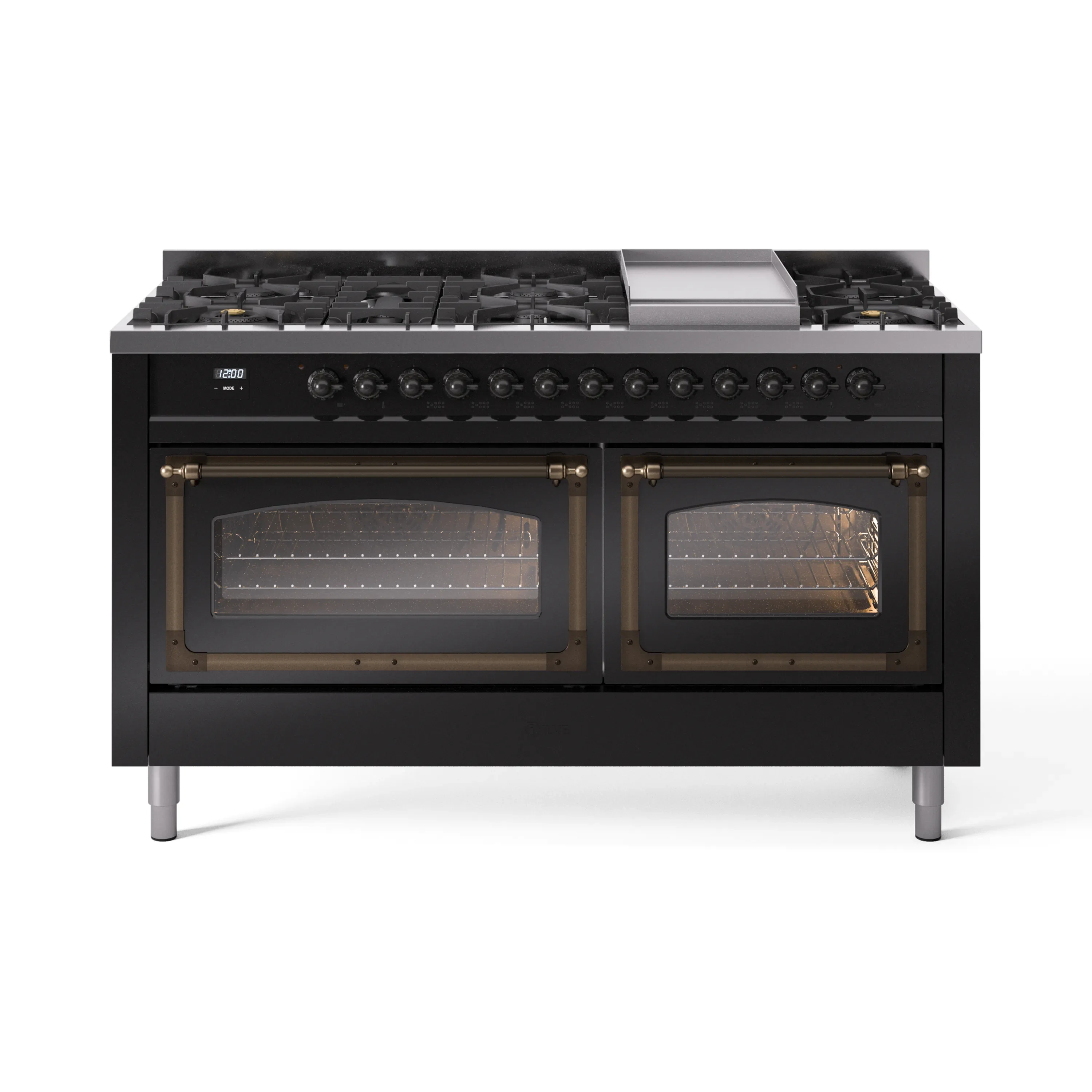 ILVE 60-Inch Nostalgie II Noblesse Dual Fuel Range with 9 Sealed Burners, Griddle, Triple Glass Door Oven in Glossy Black with Bronze Trim (UN60FNMPBKB)