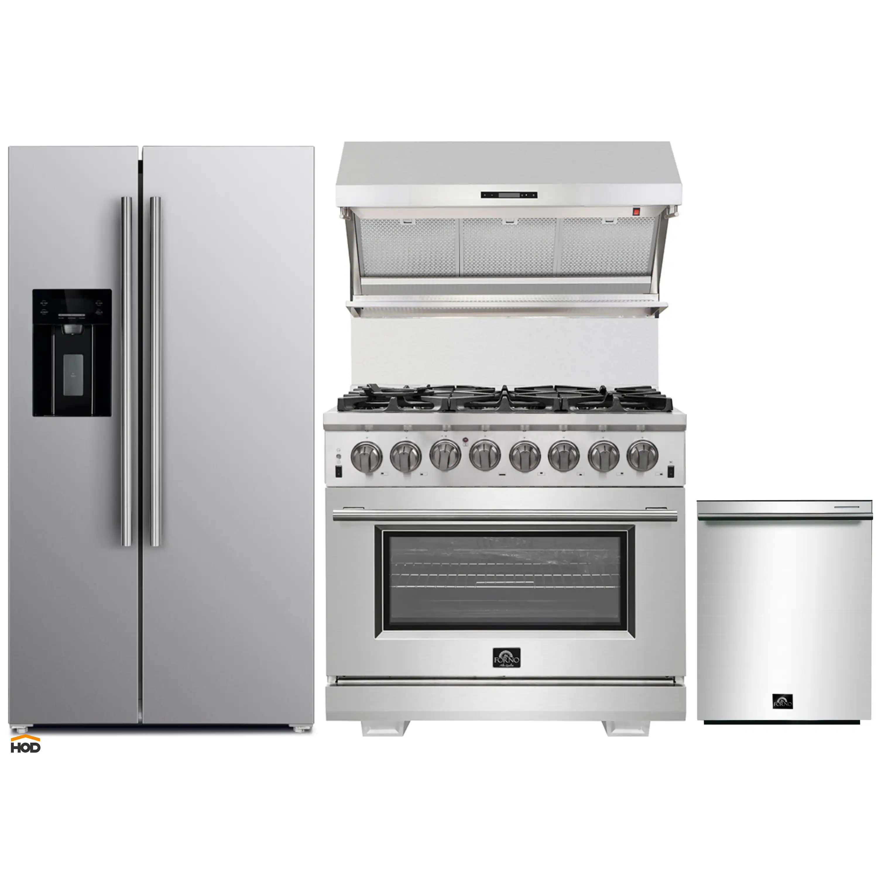 Forno 4-Piece Pro Appliance Package - 36-Inch Dual Fuel Range, Refrigerator with Water Dispenser, Wall Mount Hood with Backsplash, & 3-Rack Dishwasher in Stainless Steel
