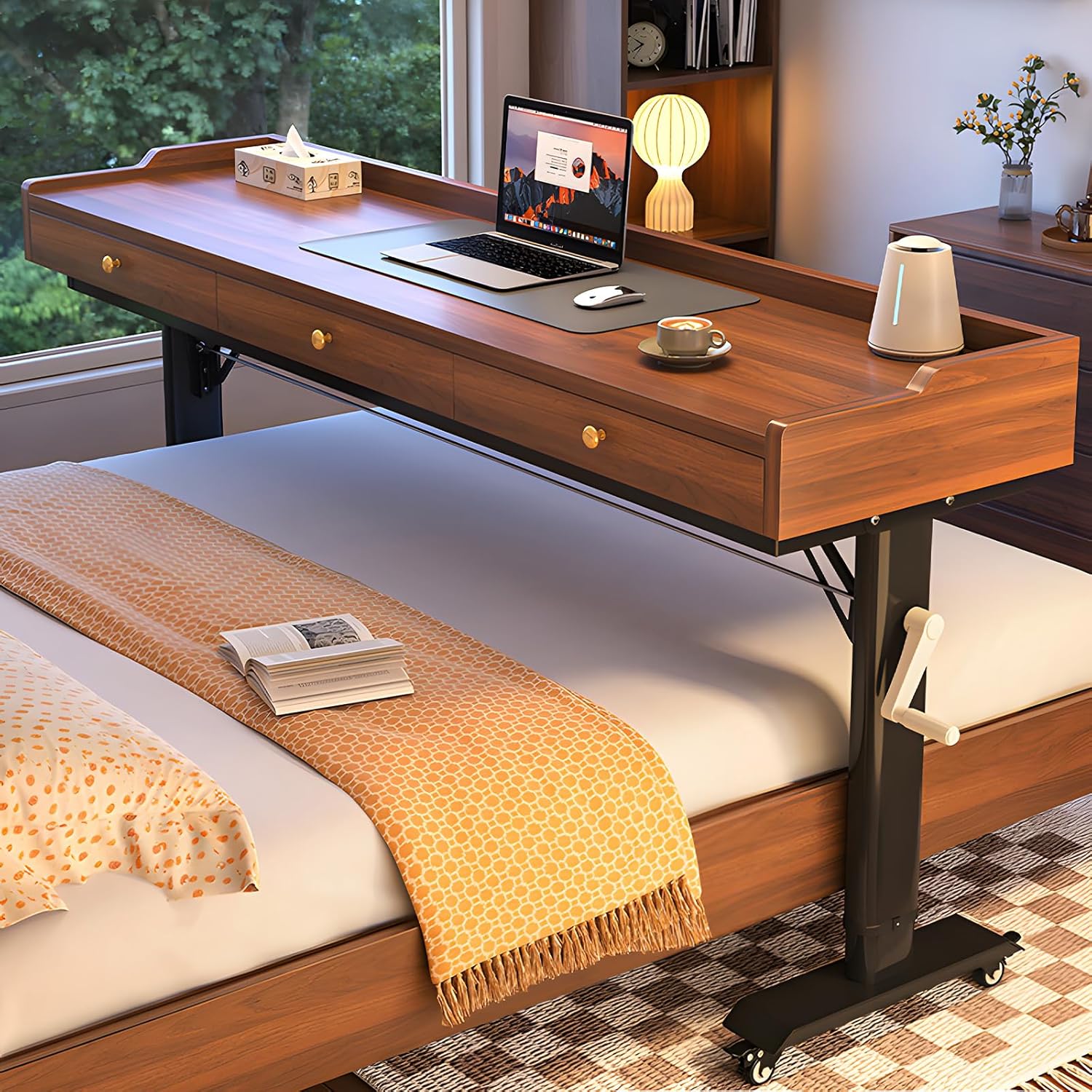 Over Bed Desk, Adjustable Height Overbed Table with Wheels & Hand Crank, Giant Portable Desk Over Bed for Laptop, Reading & Home Office, Fits Twin/Full/Queen/King Beds