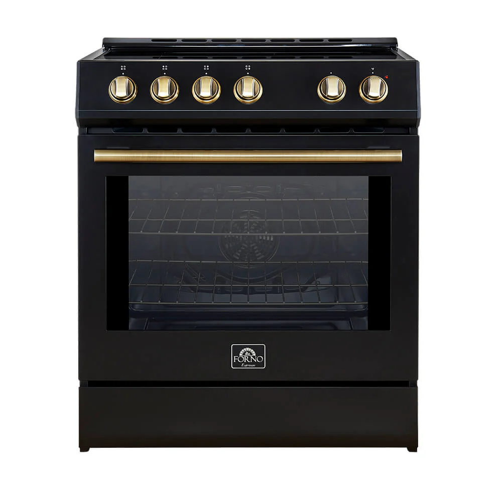 Forno Leonardo Espresso 30-Inch Induction Range in Black with Antique Brass Trim (FFSIN0982-30BLK)