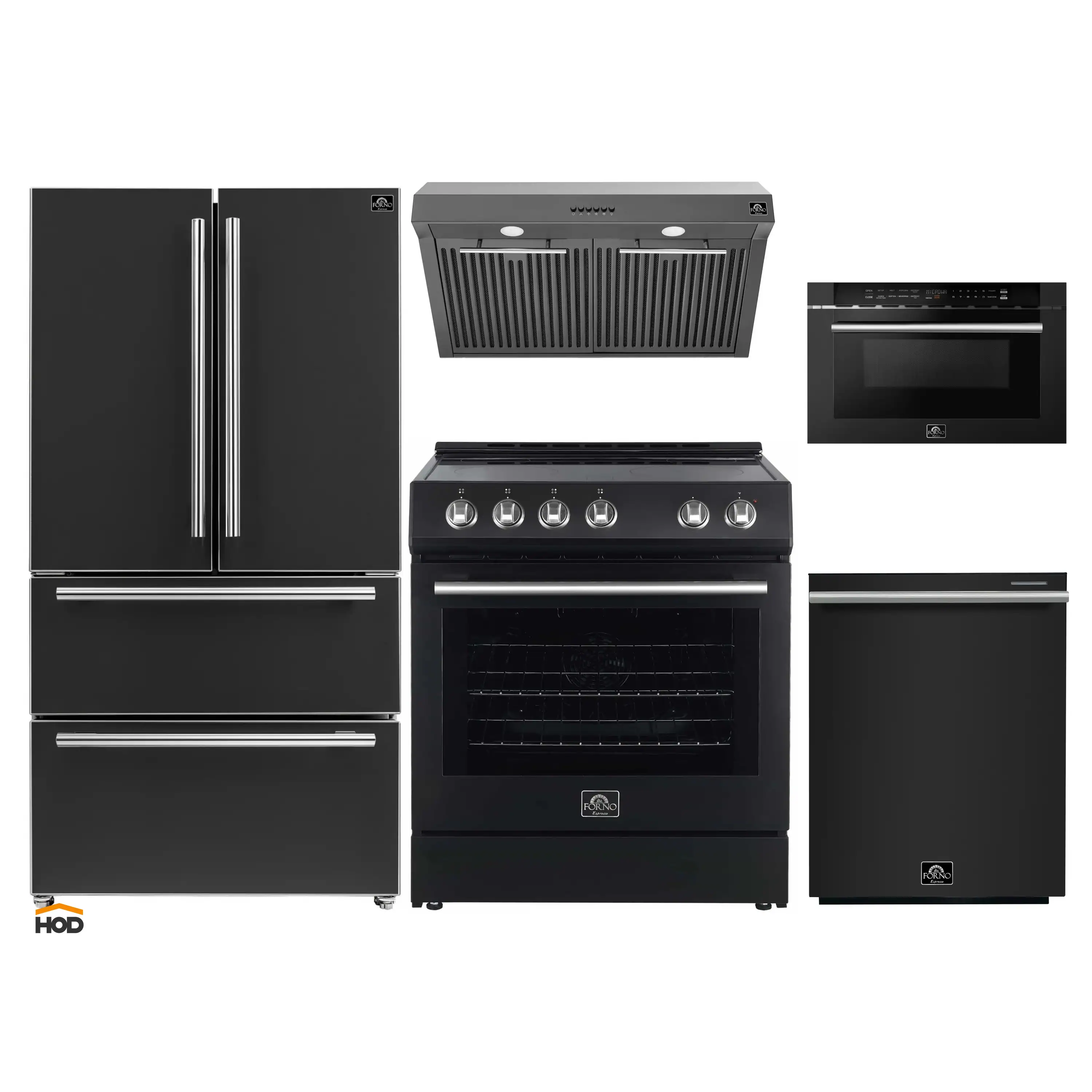 Forno 5-Piece Appliance Package - 30-Inch Electric Range, Under Cabinet Range Hood, French Door Refrigerator, Dishwasher, & 24-Inch Microwave Drawer in Black with Stainless Steel Trim