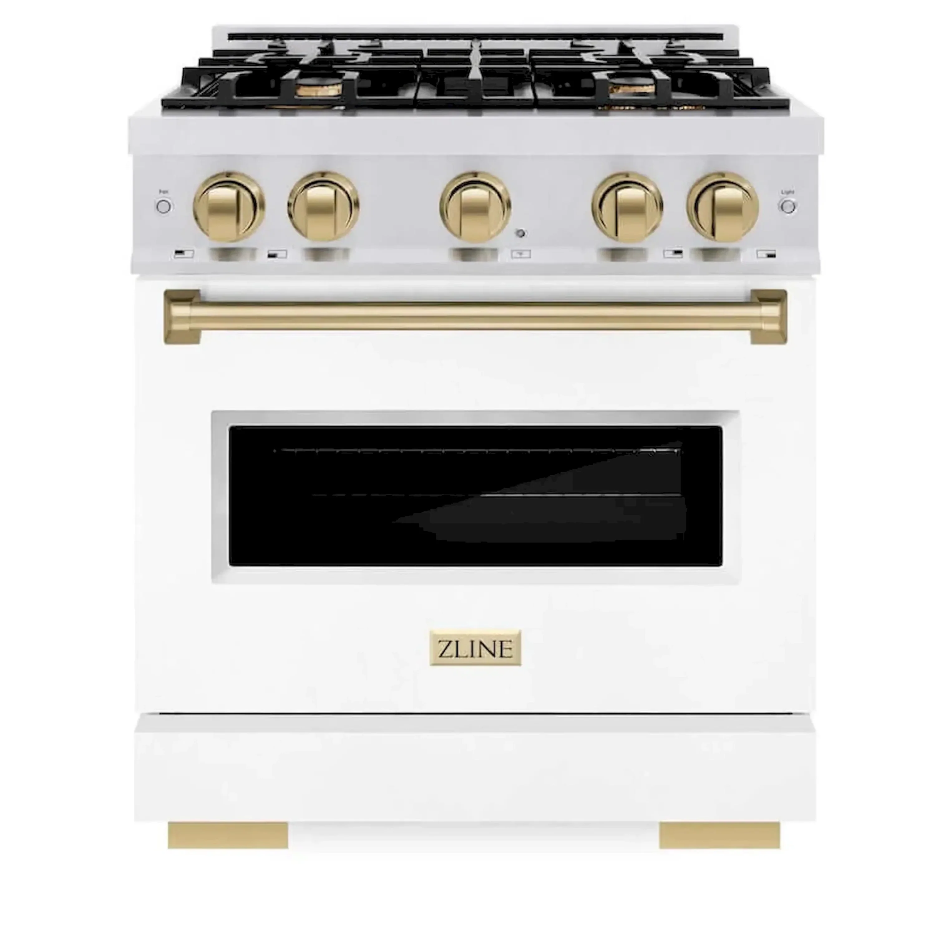 ZLINE Autograph Edition 30-Inch Classic Series Dual Fuel Range with 4 Gas Burner Cooktop and 4.2 Cu. Ft. Electric Convection Oven in Satin Stainless Steel with White Matte Door and Champagne Bronze Accents (CDRSZ-WM-30-CB)