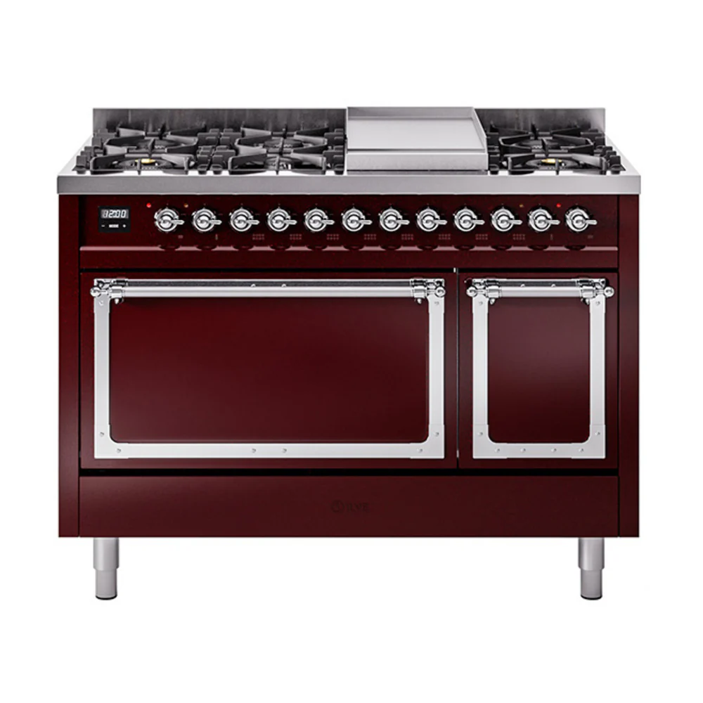 ILVE Nostalgie II Noblesse 48-Inch Dual Fuel Freestanding Range with Solid Door Oven in Burgundy with Chrome Trim (UN48FQNMPBUC)