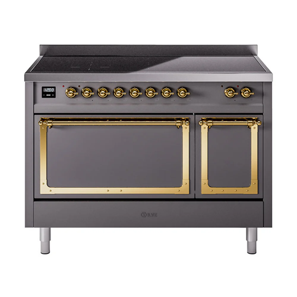 ILVE Nostalgie II Noblesse 48-Inch Induction Range with Solid Door Oven in Matte Graphite with Brass Trim (UNI486QNMPMGG)