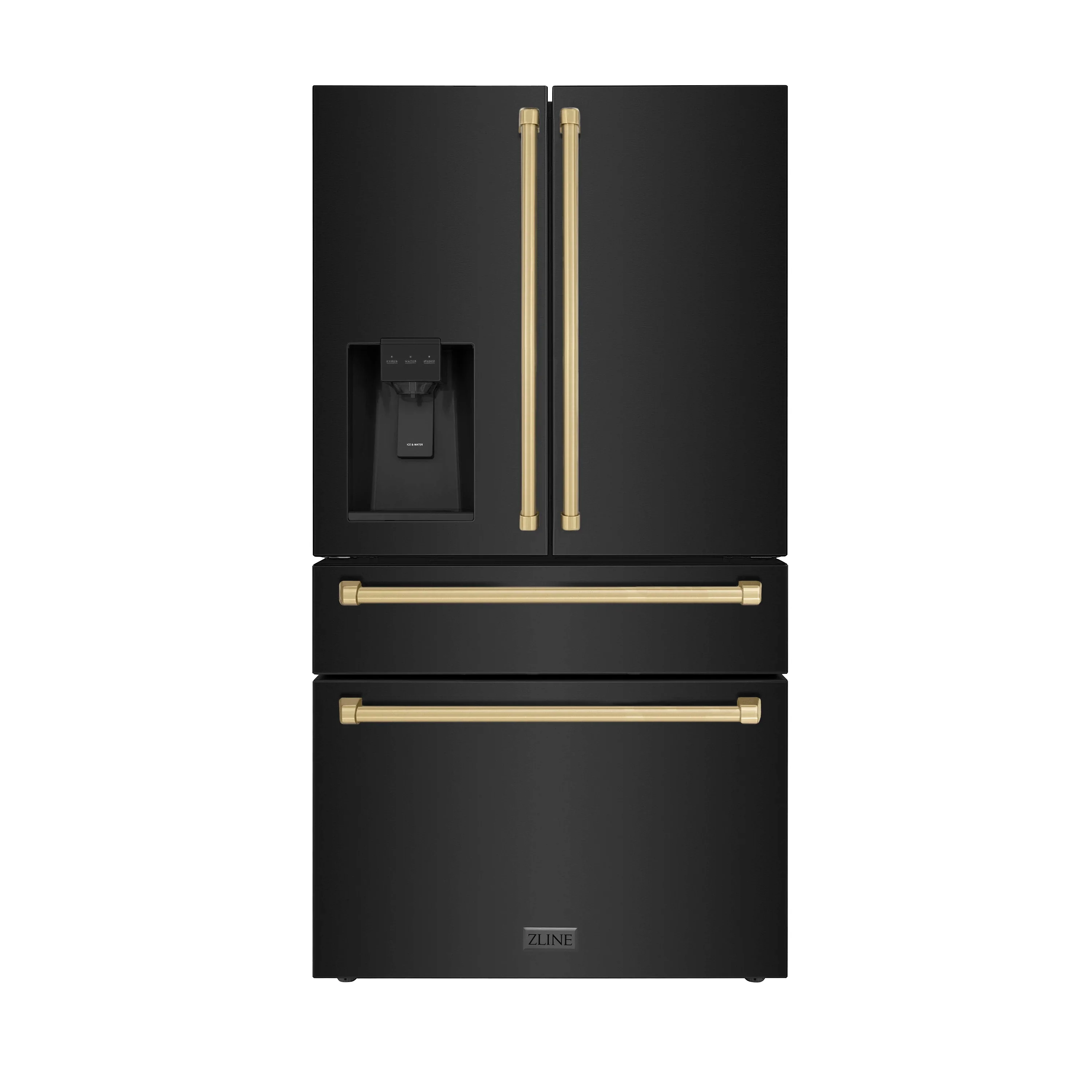 ZLINE 36-Inch Autograph Edition 21.6 cu. ft Freestanding French Door Refrigerator with Water and Ice Dispenser in Fingerprint Resistant Black Stainless Steel with Champagne Bronze Handles (RFMZ-W-36-BS-CB)