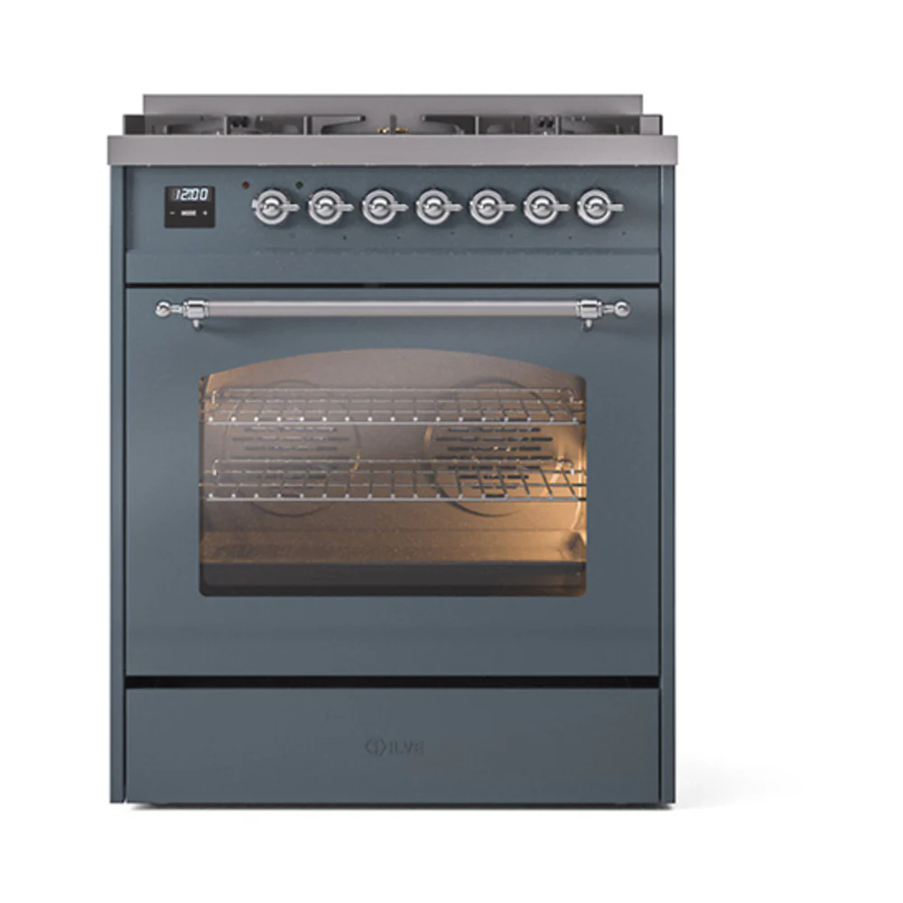 ILVE Nostalgie II 30-Inch Dual Fuel Freestanding Range in Blue Grey with Chrome Trim (UP30NMPBGC)