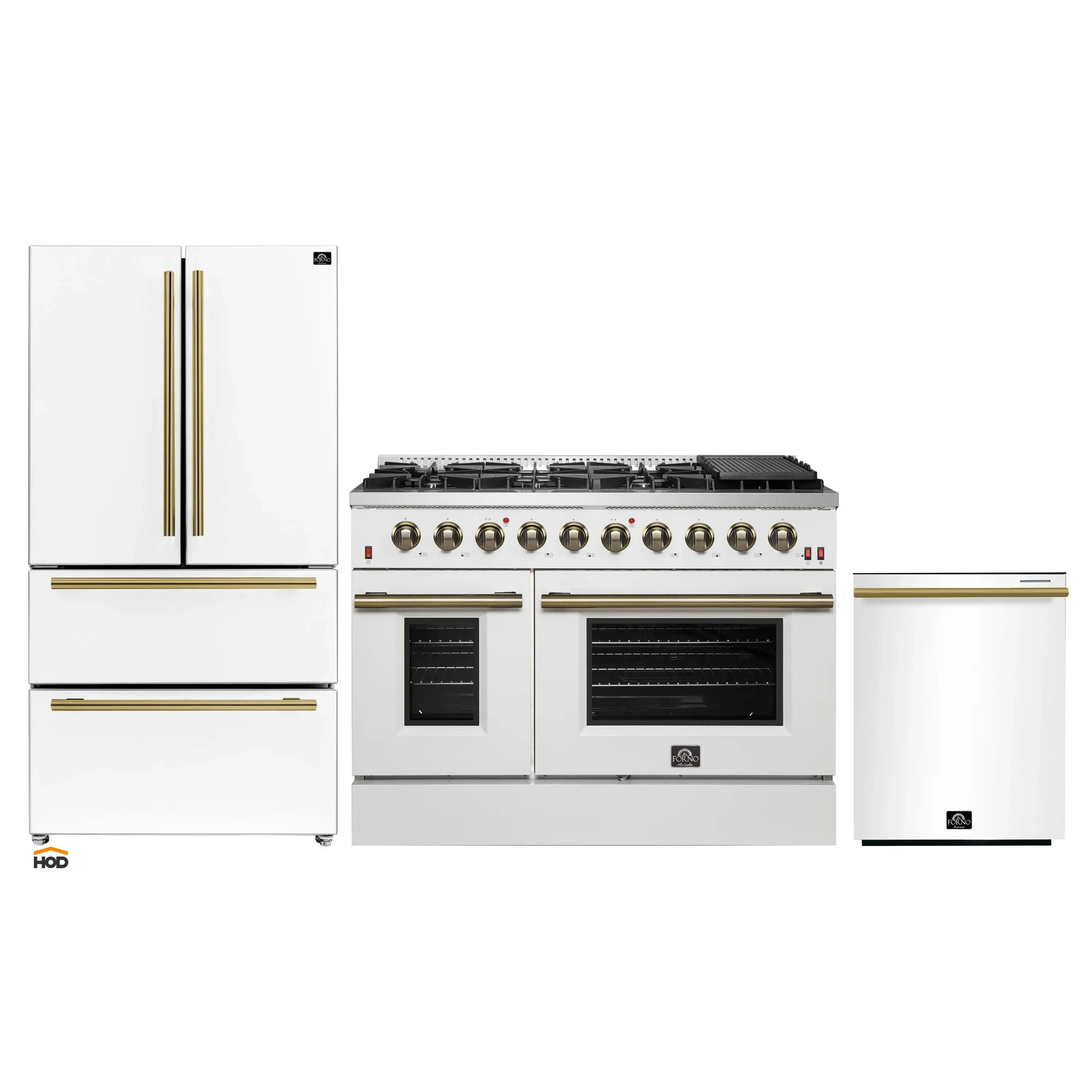Forno Galiano 3-Piece Appliance Package - 48-Inch Gas Range, 36-Inch Refrigerator, & 24-Inch Dishwasher in White with Antique Brass Trim