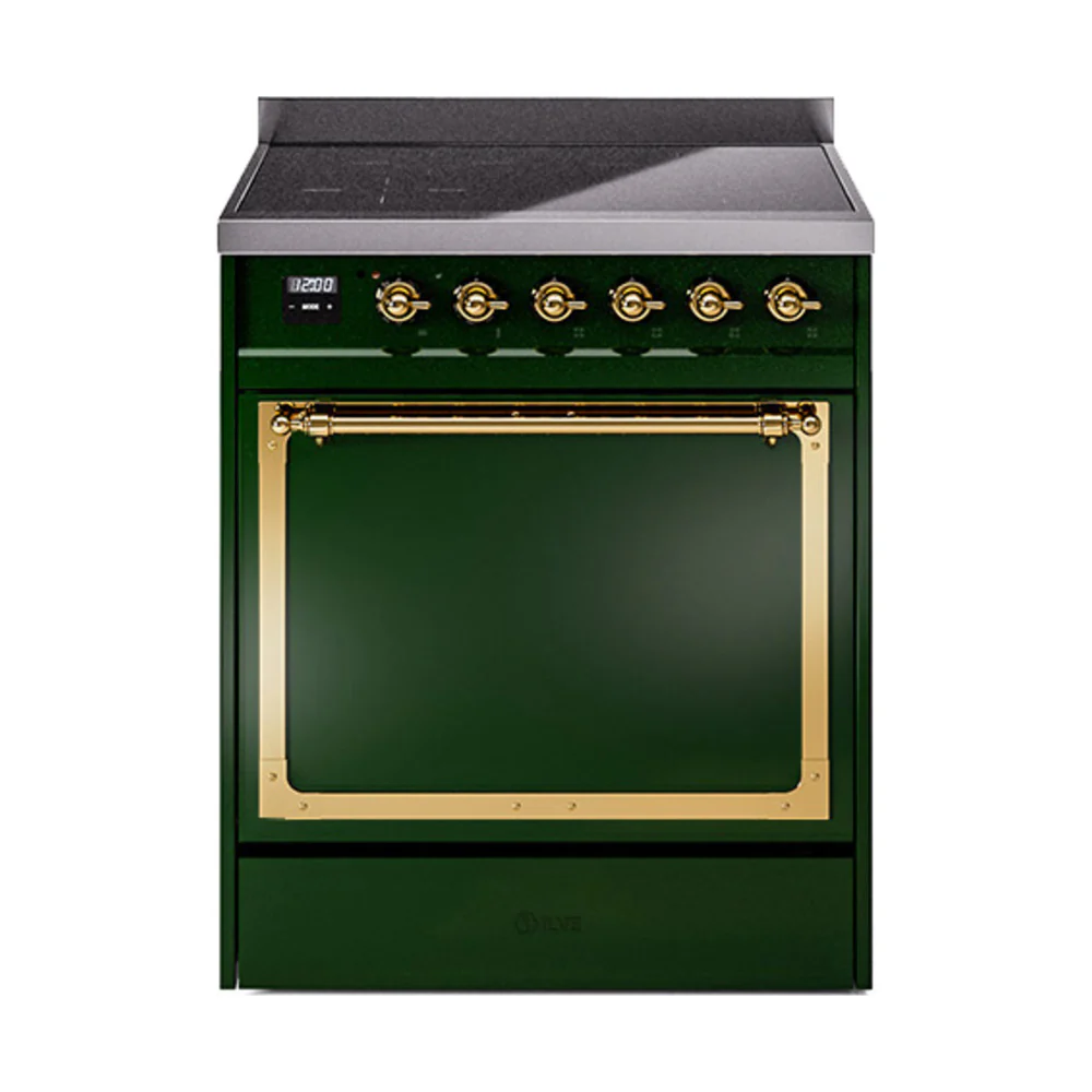 ILVE 30-Inch Nostalgie II Noblesse Induction Range with Solid Door Oven in Emerald Green with Brass Trim (UNI304QNMPEGG)