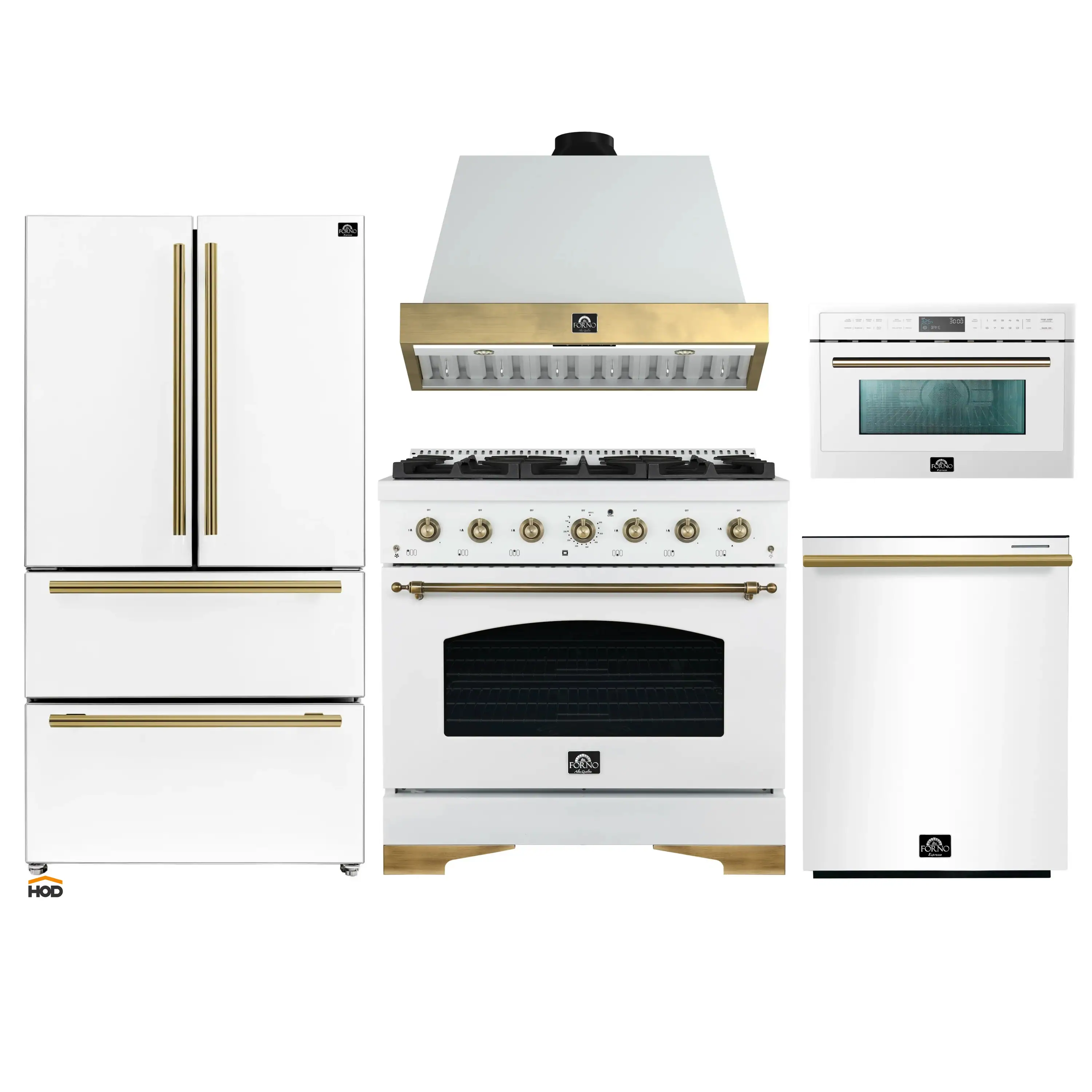 Forno Antico 5-Piece Appliance Package - 36-Inch Gas Range, 36-Inch Hood, 36-Inch Refrigerator, 24-Inch Dishwasher, & 30-Inch Microwave Oven in White with Antique Brass Trim