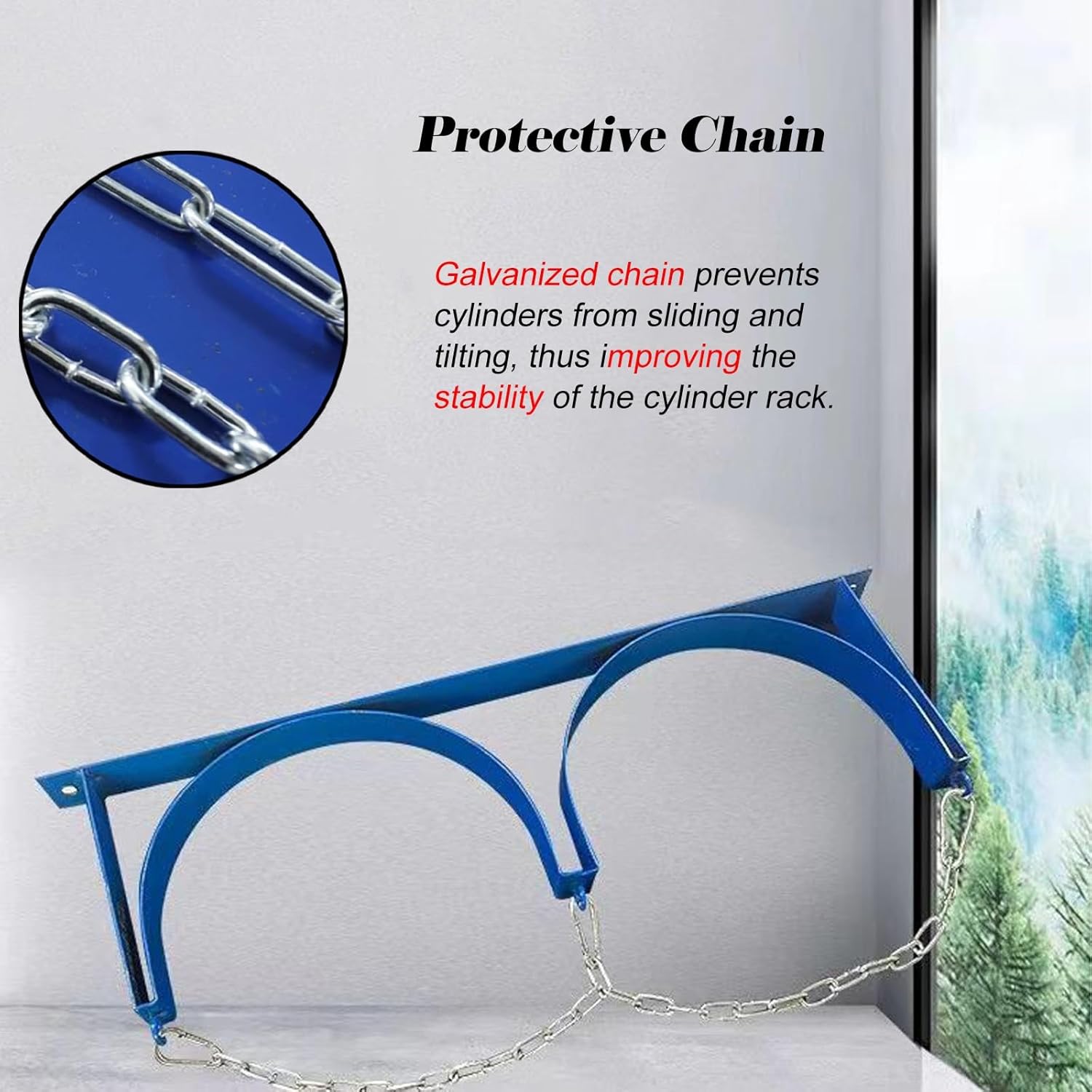 Blue Steel Gas Cylinder Fixed Rack with Protective Chain, Cylinder Wall Mounted Brackets, Gas Cylinder Organizer Shelf for Hospital/Labs/Corporate,7 Pcs-3 Bottles - 37.4x7.9 in