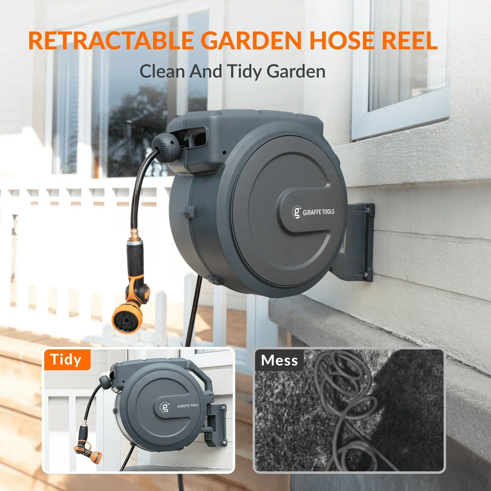 Giraffe Tools 62 Ft.- 155 Ft. Retractable Garden Hose Reel with Adjustable 9-pattern Nozzle