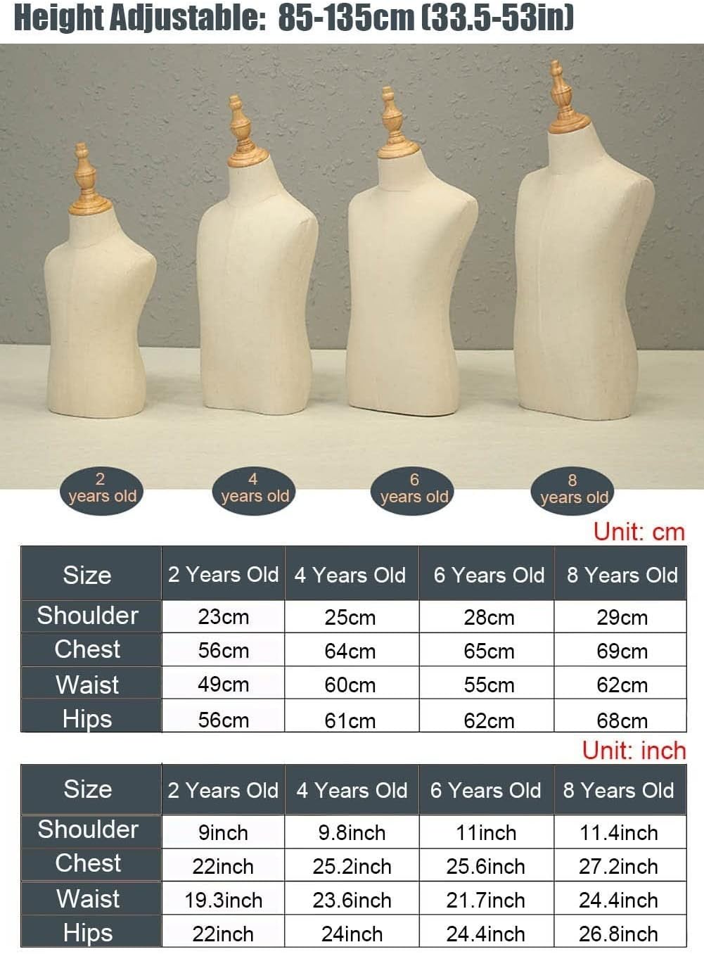 Mannequin with Arms & Stand, Dress Form Manikin with Wood Base, Garment Skirt Display Support Mannequin Torso Model Stand for Children Kids Beautiful Scenery (OneColor-8 Years Old