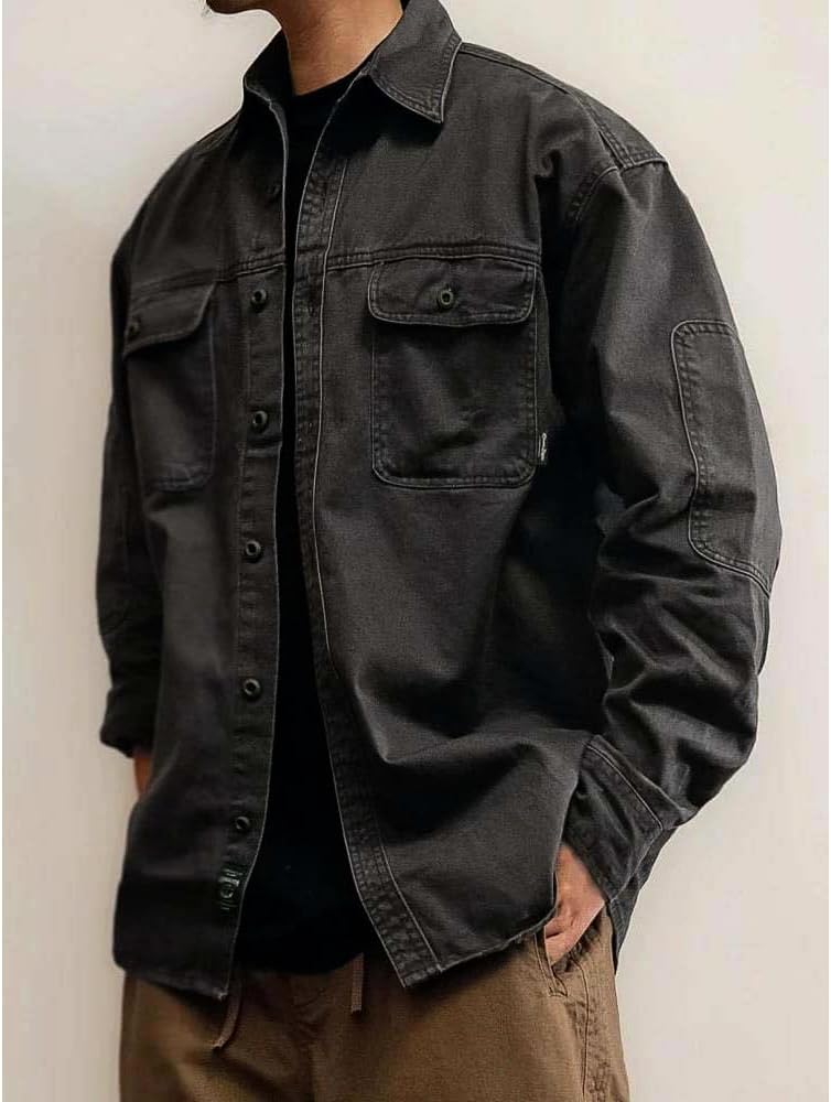 Hndudnff Men Denim Jacket Charcoal Washed Utility Relaxed Fit Casual Button Up Overshirt Workwear Jacket